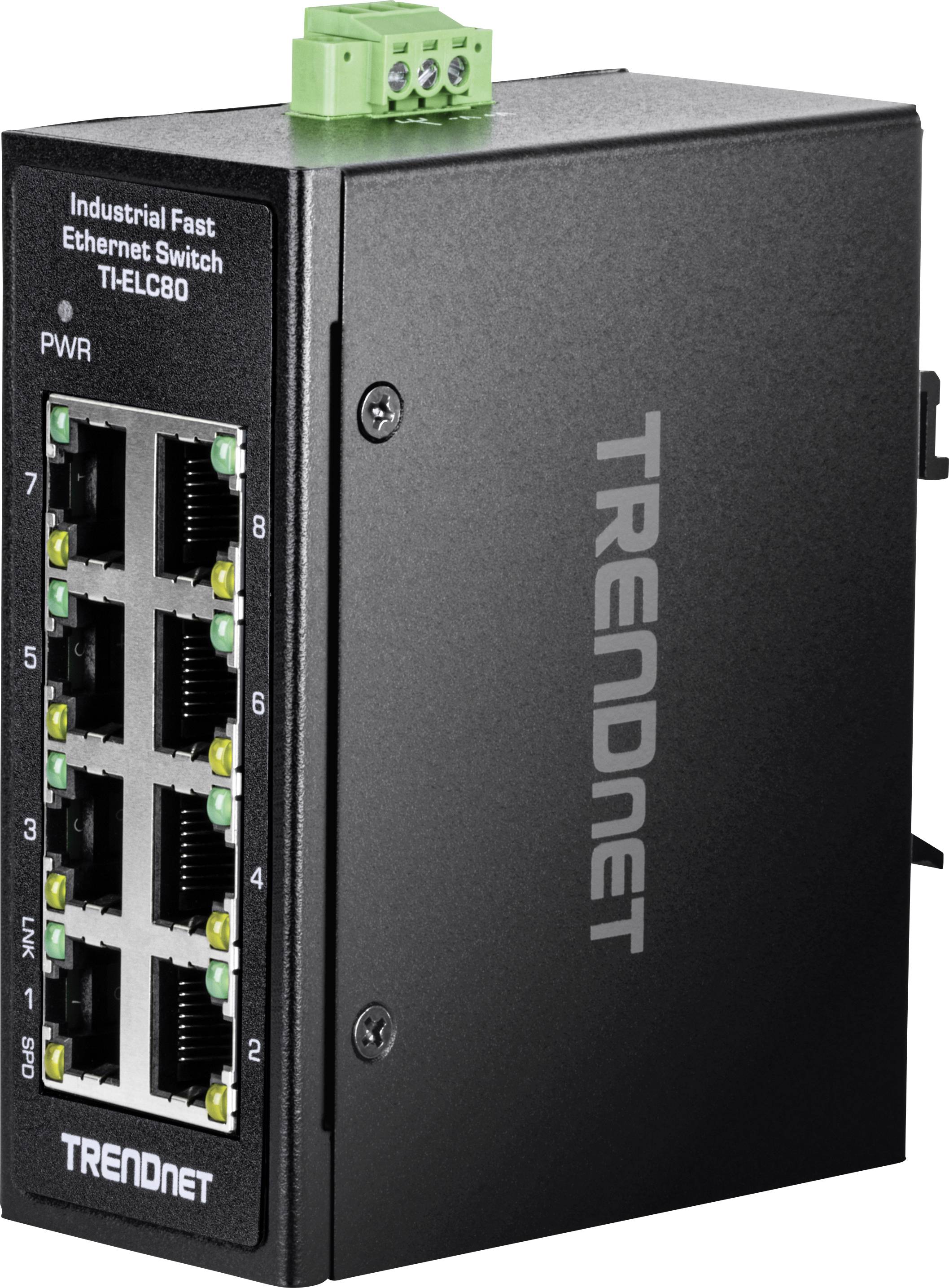 Commutateur Ethernet rapide industriel à huit ports, boîtier noir, marque TRENDnet, modèle THELC80.