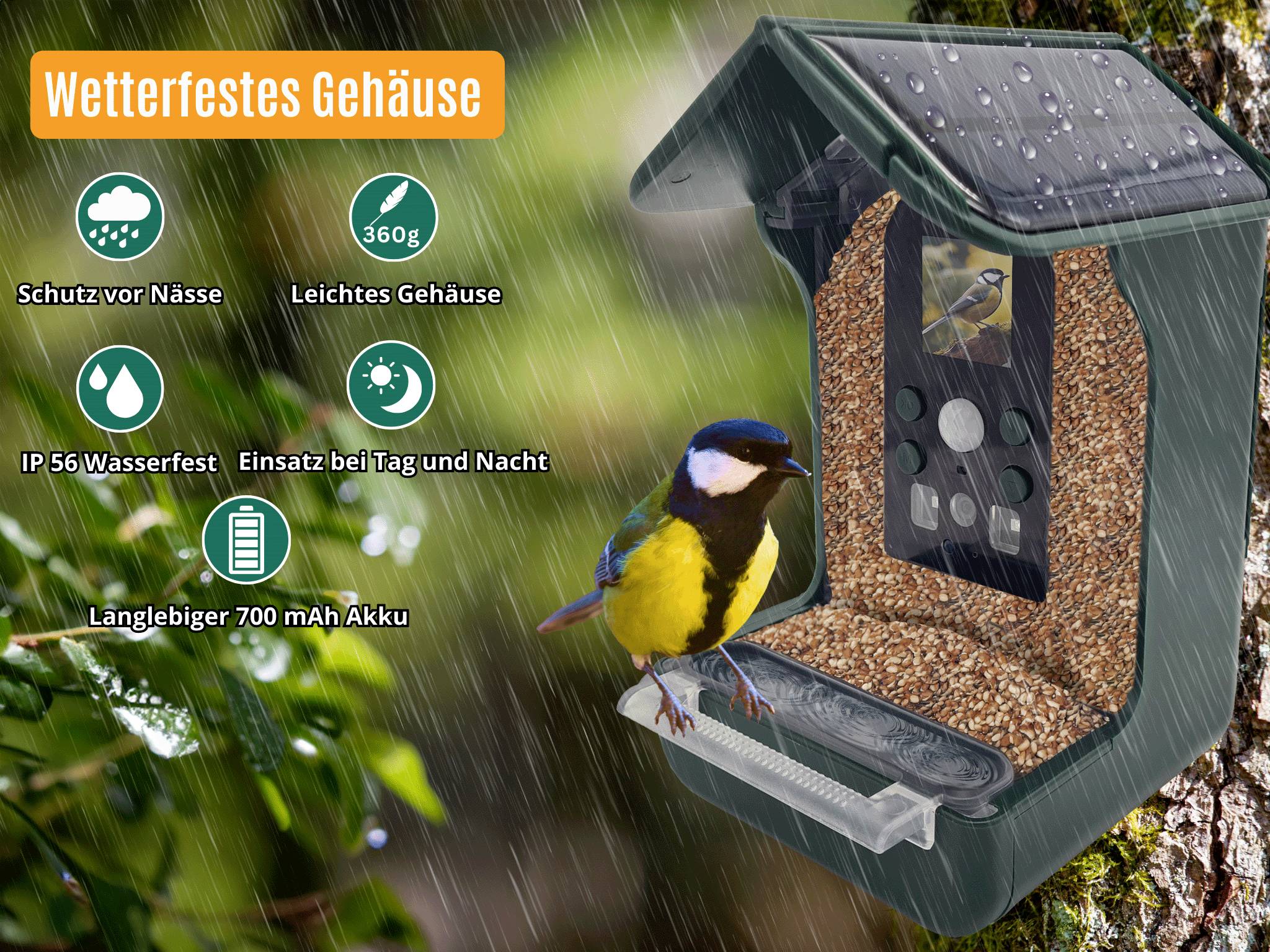Caméra animalière résistante aux intempéries sous la pluie ; montre une mangeoire avec un oiseau en train de se nourrir en dessous. Fonctions : IP56, 360g, batterie 700mAh, utilisable de jour comme de nuit.