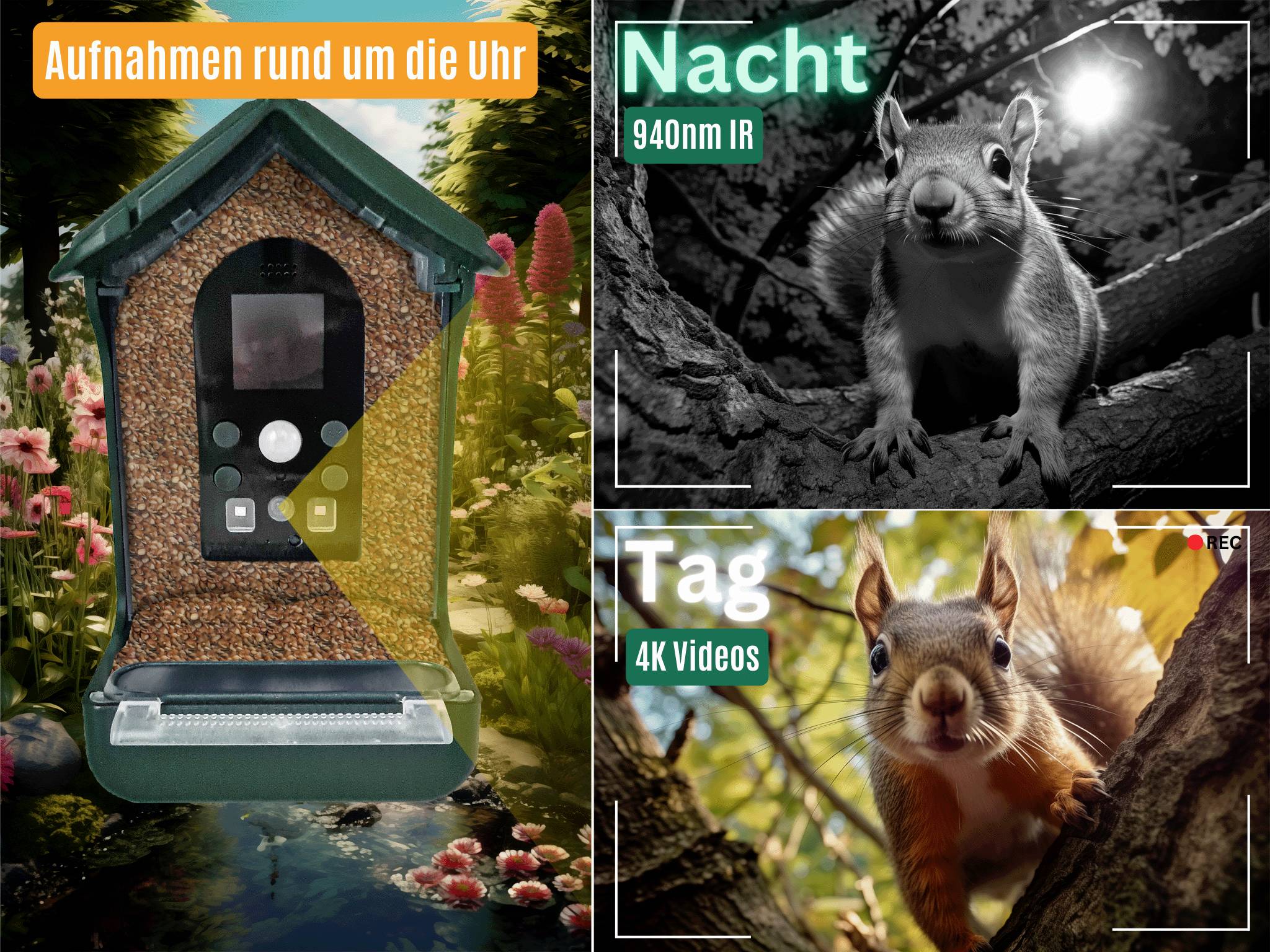 Caméra de chasse en forêt, un oiseau en vol. Texte en haut : 'Créez des images de nature uniques'. Fonctions : 12 MP, vision nocturne, vidéo 4K, support SD.