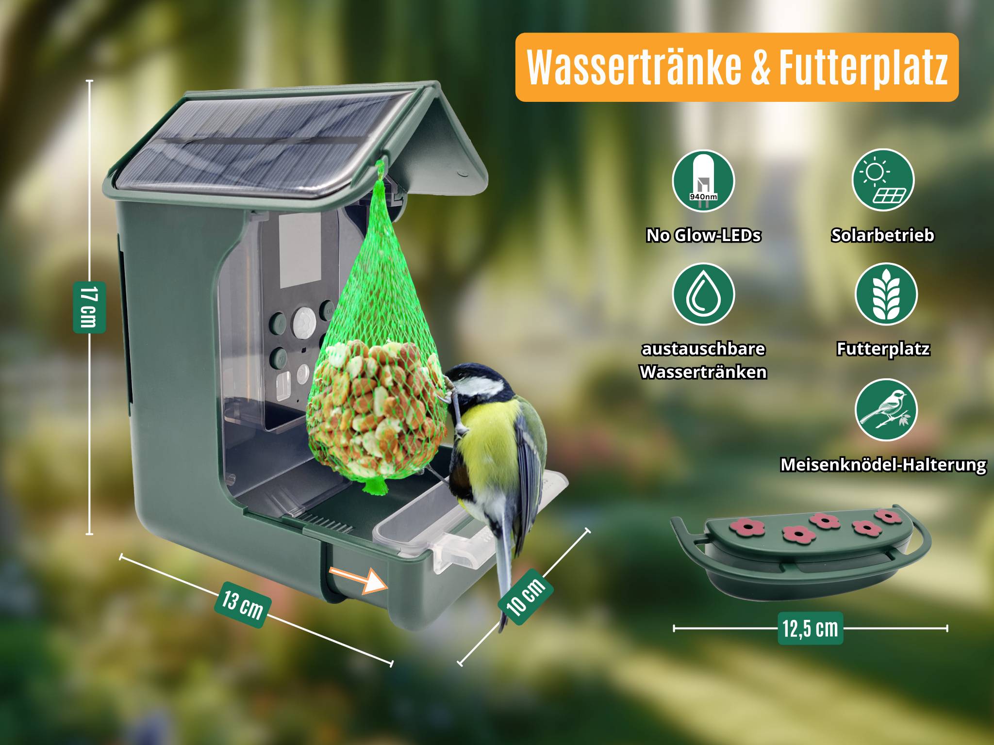 Une abreuvoir à oiseaux avec panneau solaire, distributeur d'eau et support pour boules de graisse. Inscription 'Point d'eau & Mangeoire'.