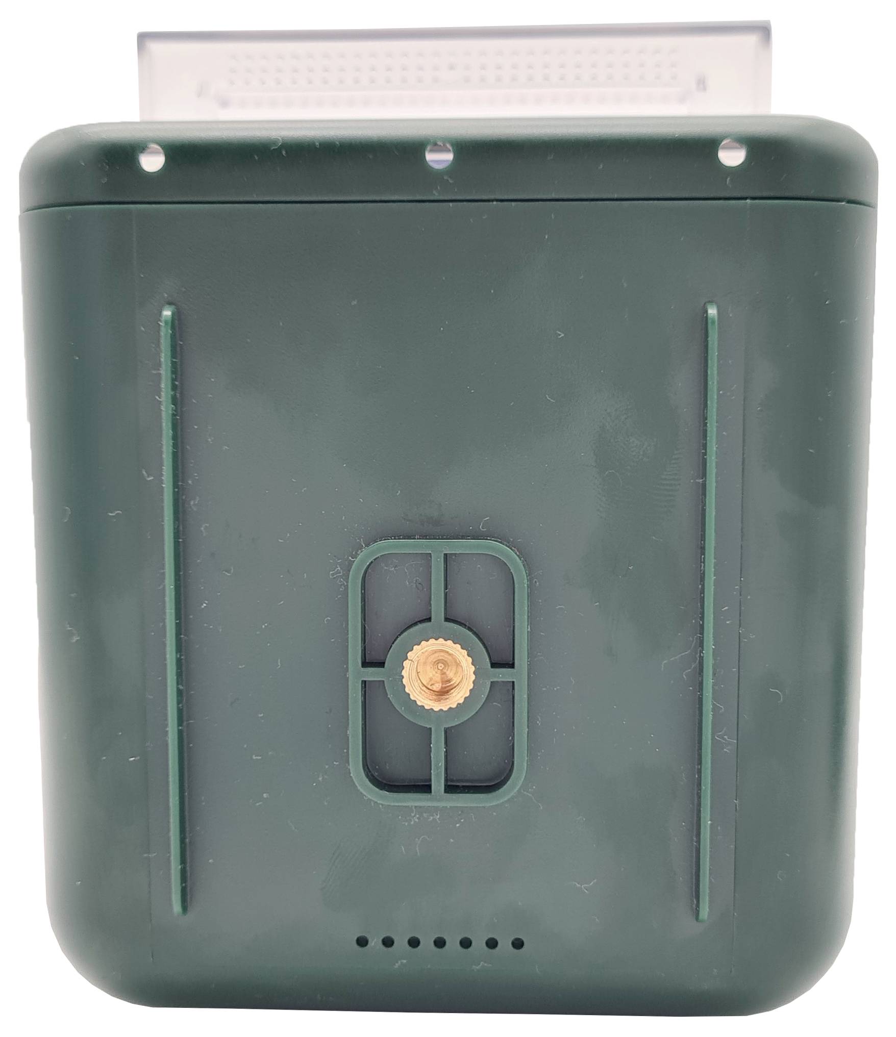 Objet rectangulaire vert clair avec un insert central rond ; probablement un dispositif technique pour le montage ou la fixation.