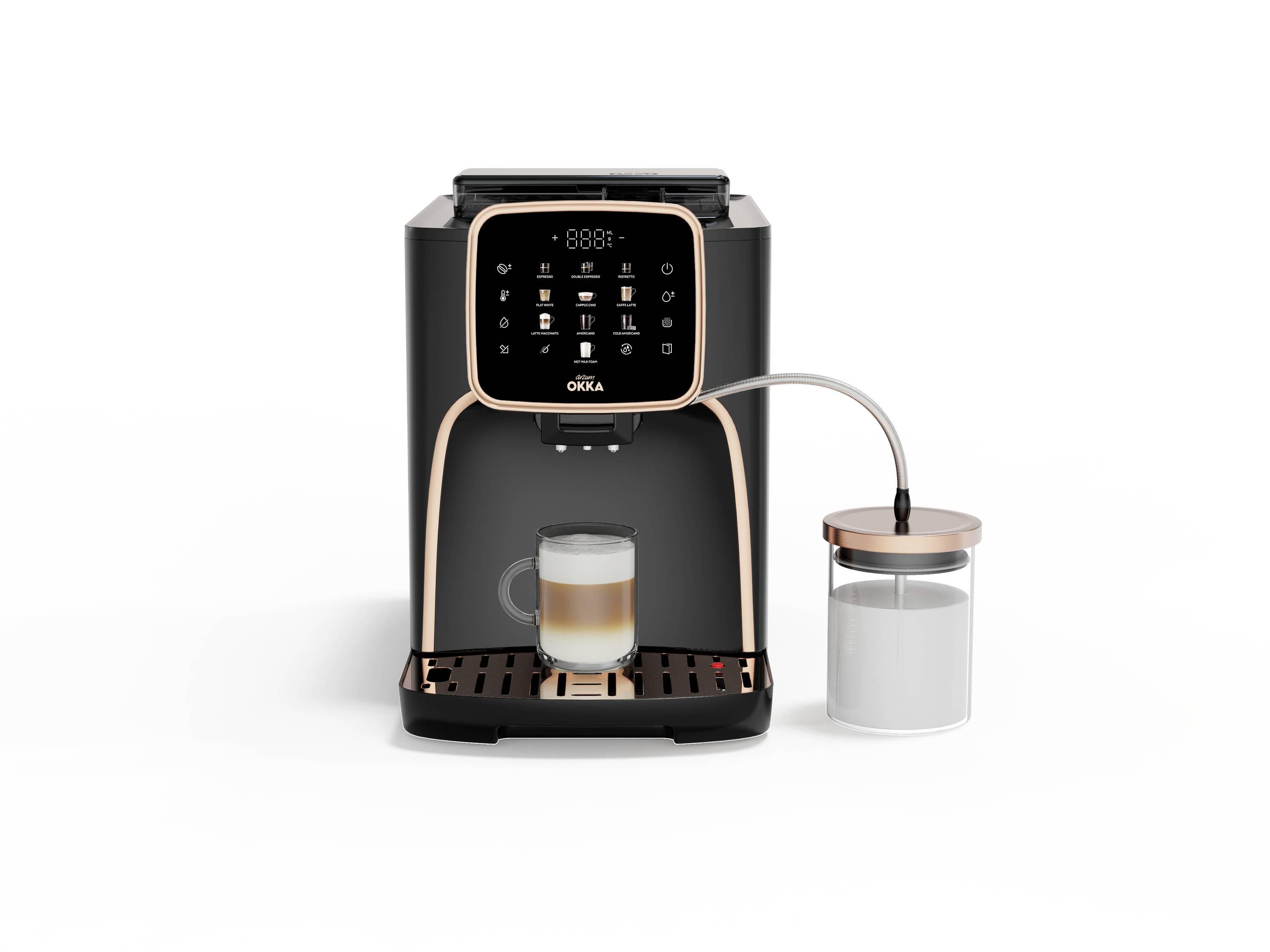 Une machine à café noire avec un écran numérique et un réservoir à lait prépare un latte macchiato.