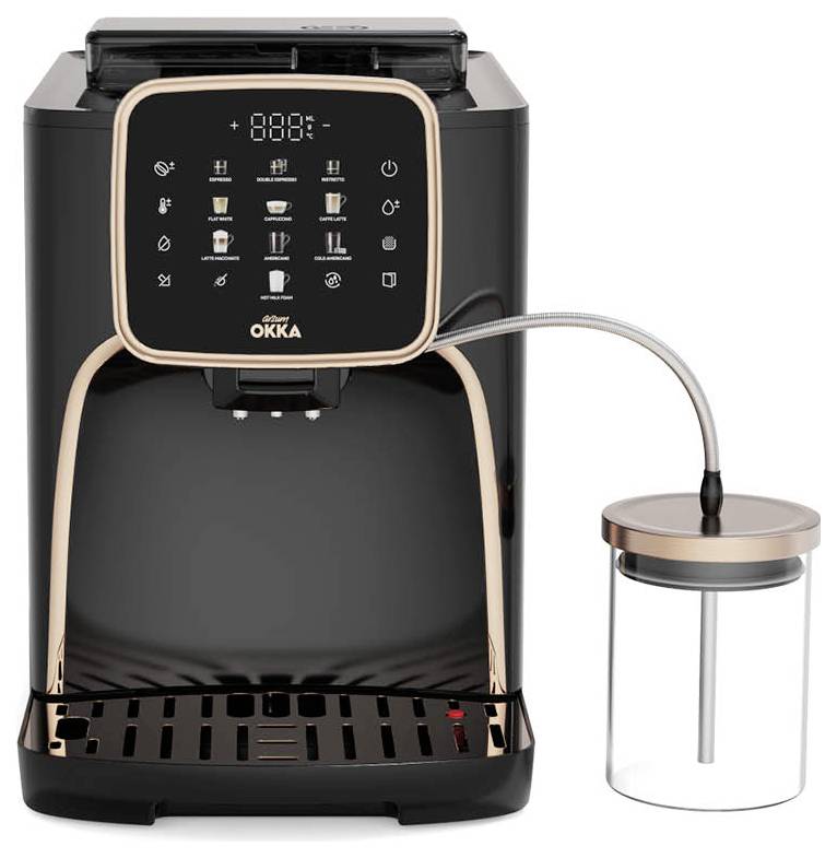 Une machine à café et à lait noire avec un panneau de commande tactile et un récipient à lait transparent à côté.