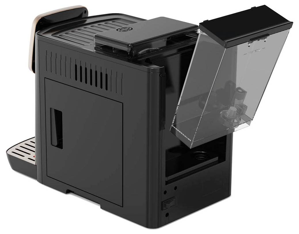 Une machine à café noire avec un réservoir d'eau ouvert, un plateau d'égouttement sur le côté et un design compact pour une utilisation domestique.