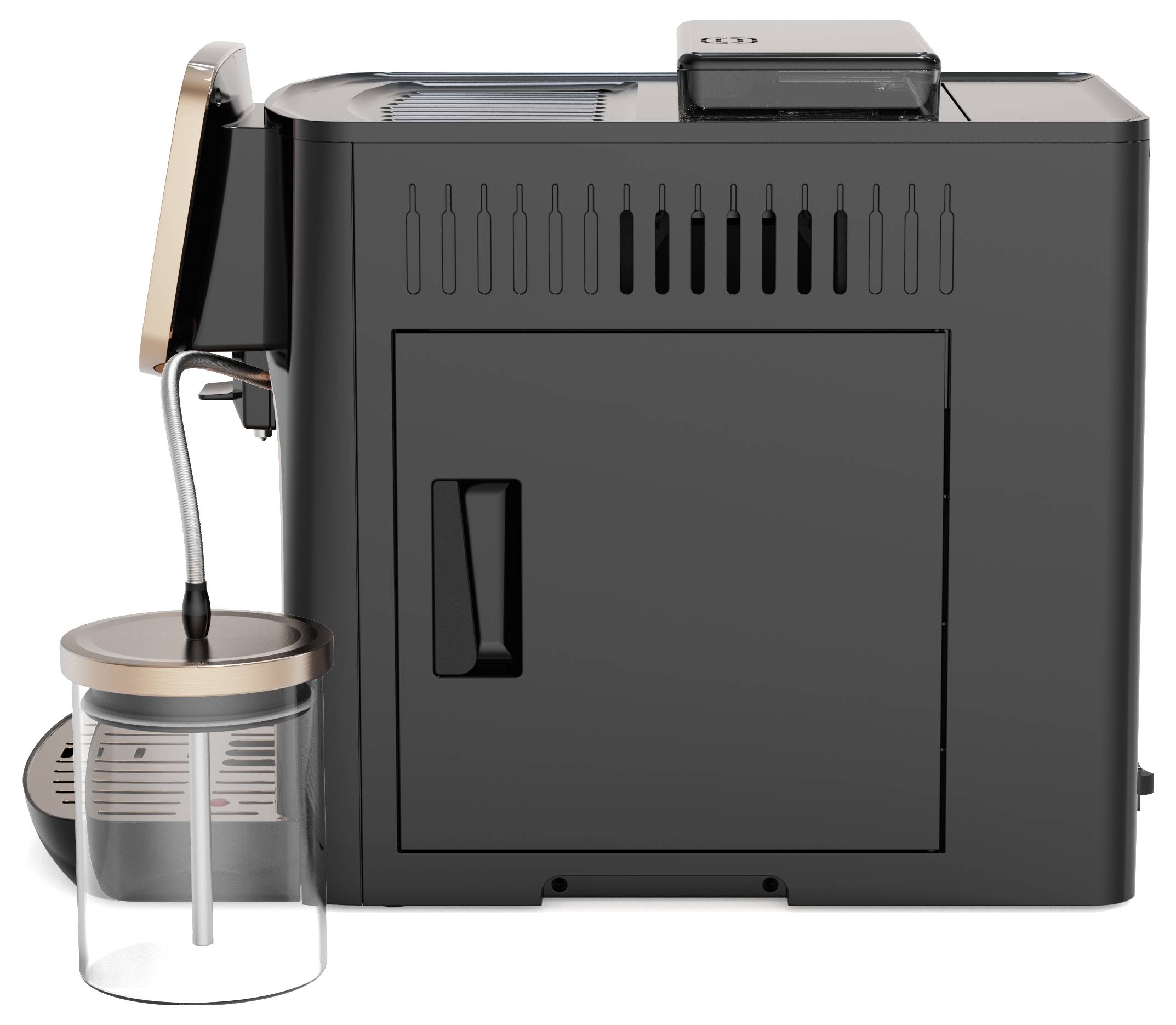Machine à espresso sur le côté, avec un récipient à lait à gauche. Design moderne, boîtier noir avec des détails en cuivre.