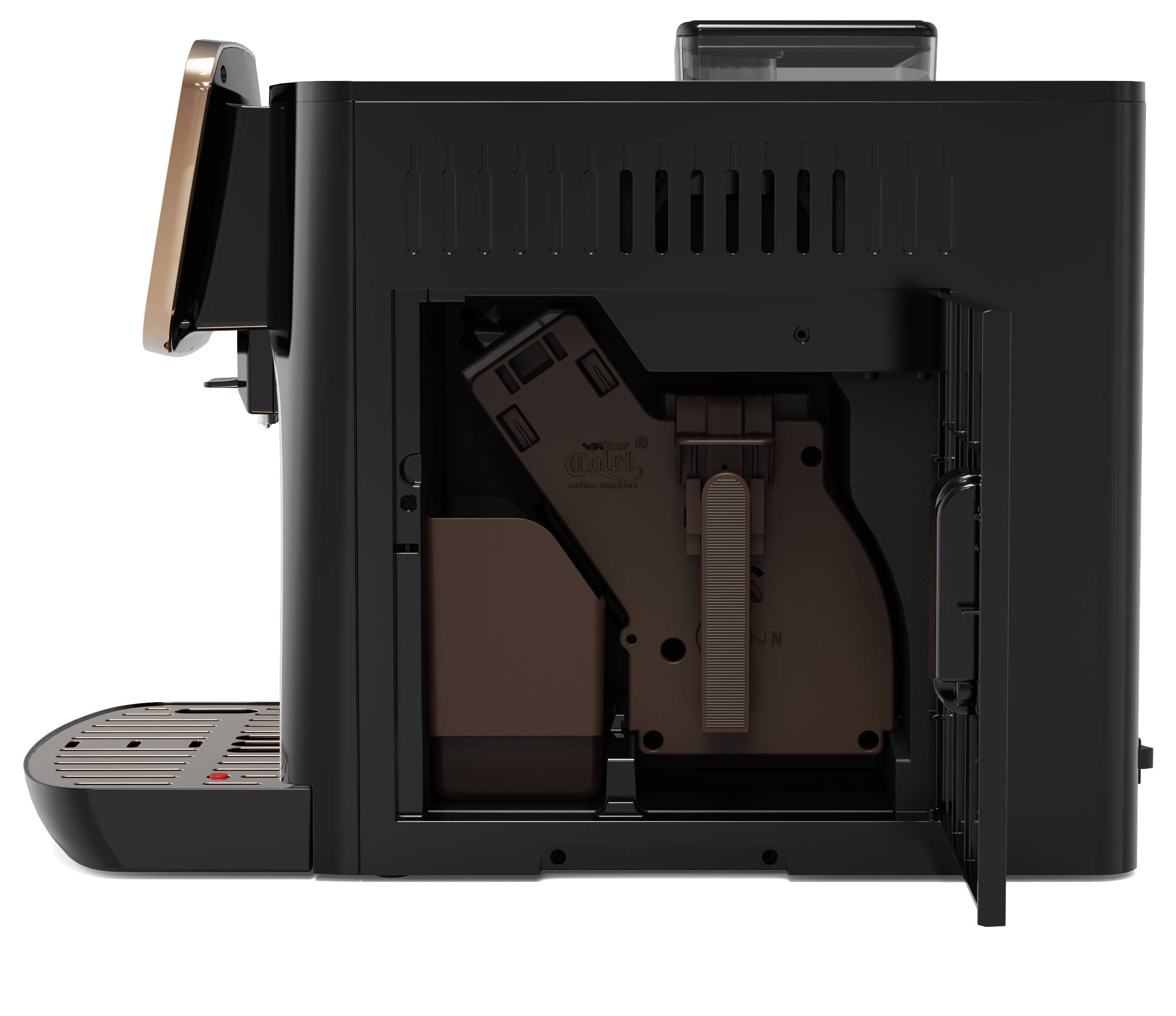 Machine à café avec le côté ouvert, montrant le mécanisme interne et les pièces amovibles. Accent mis sur la maintenance ou le nettoyage.