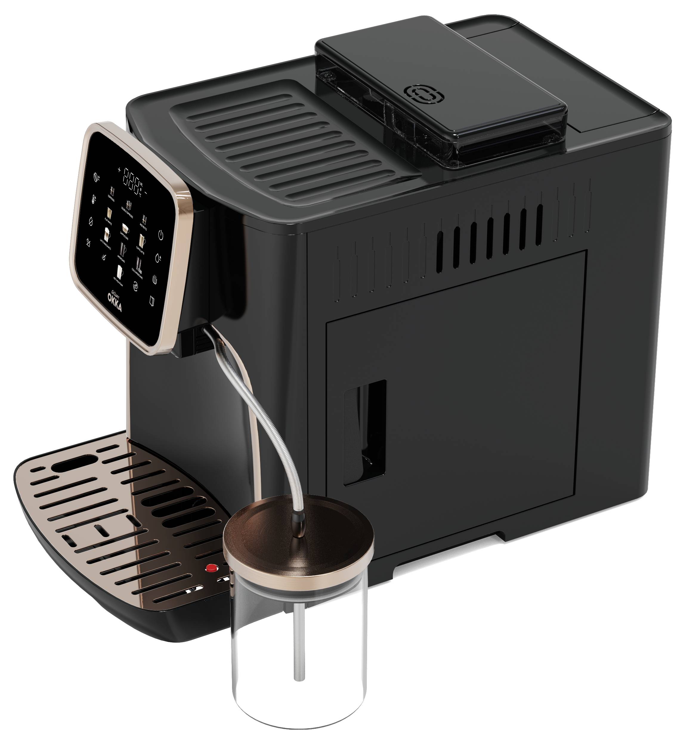 Une machine à café noire avec un affichage numérique, versant actuellement du café dans une tasse en verre équipée d'un tube métallique.