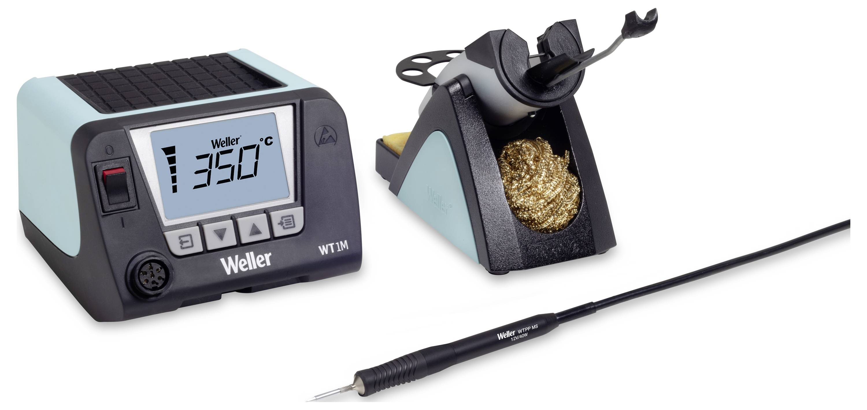 Station de fer à souder avec affichage numérique indiquant '350°C', à côté support avec éponge de nettoyage. Utilisée pour les travaux de soudure.