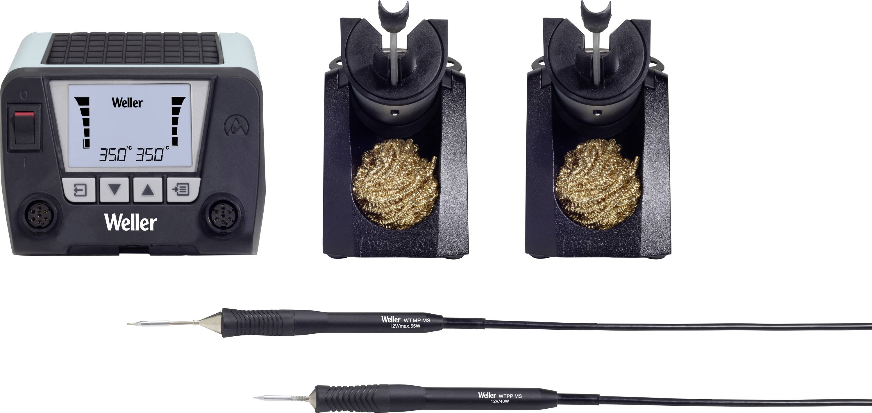 Station de soudage Weller avec affichage numérique indiquant 350°, deux supports avec spirale de nettoyage, deux pointes de soudure fines.