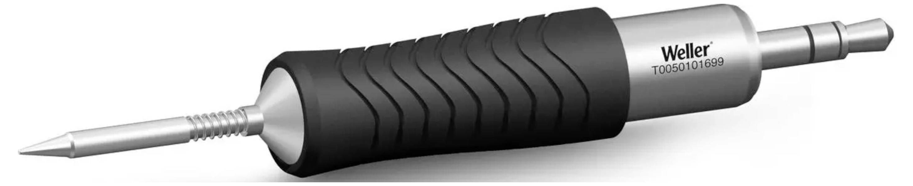 Fer à souder avec poignée cannelée et pointe métallique pointue, posé sur le côté.