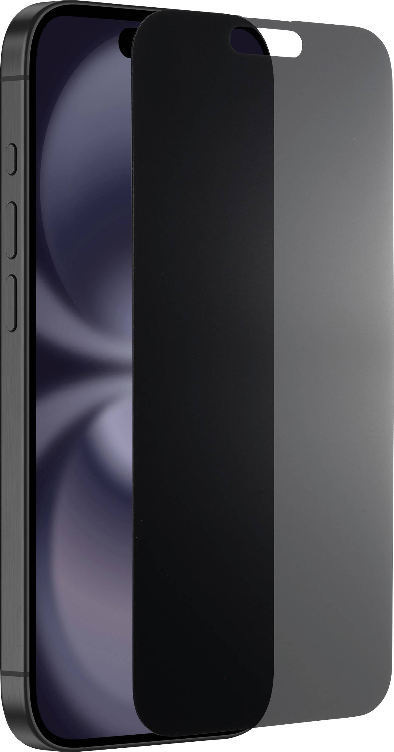 Smartphone équipé d'un filtre de confidentialité sombre sur l'écran, réduisant les vues latérales. Appareil en vue en angle.