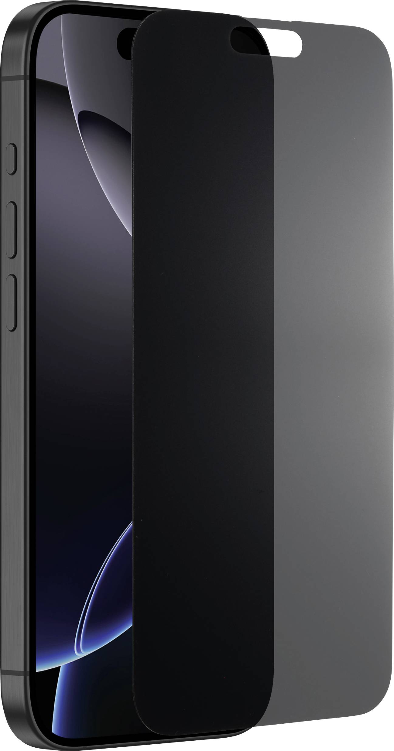Smartphone avec un protecteur d'écran amovible en verre sombre, partiellement couvert ; destiné à protéger la vie privée.