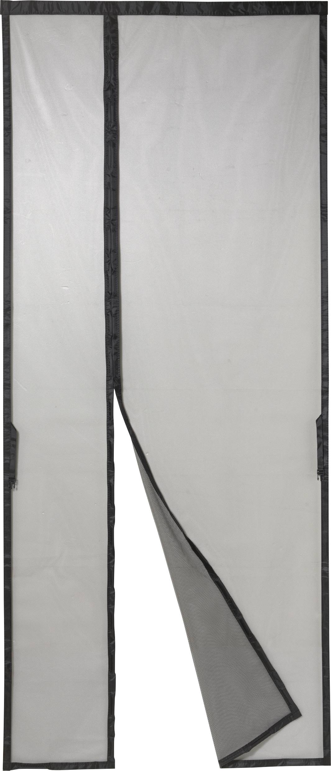 Image d'une porte moustiquaire ouverte en matériau gris, composée de deux moitiés avec un bord noir. Idéale pour les portes.