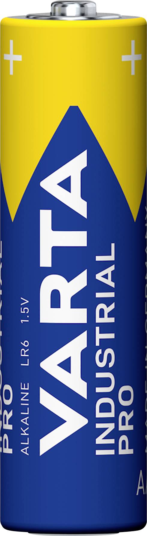 Pile alcaline VARTA Industrial Pro LR6 1,5V bleue et jaune avec nom de marque blanc et spécifications techniques.