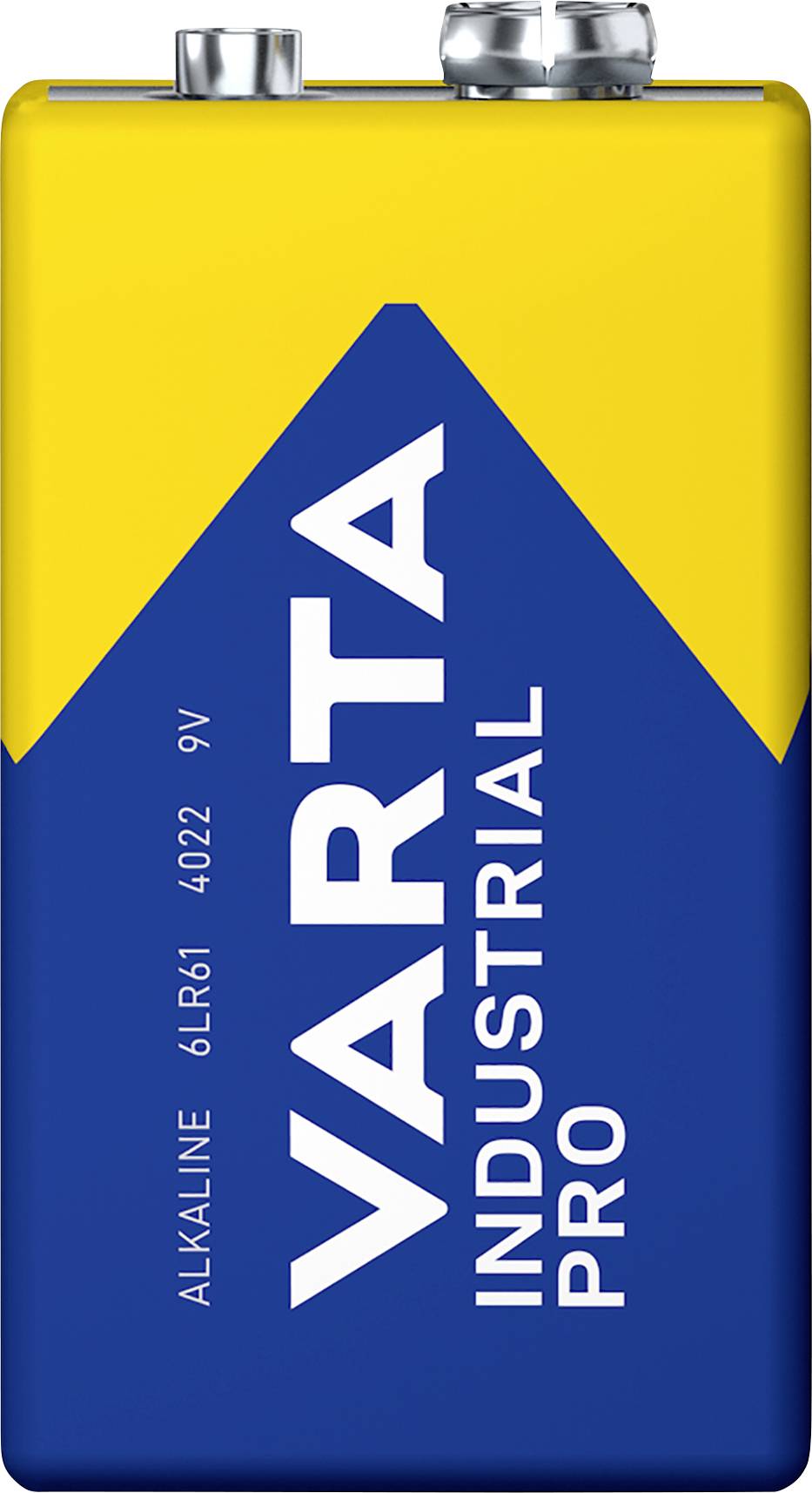 Une pile 9V rectangulaire Varta jaune et bleue, étiquetée 'Industrial Pro', conçue pour une utilisation industrielle.