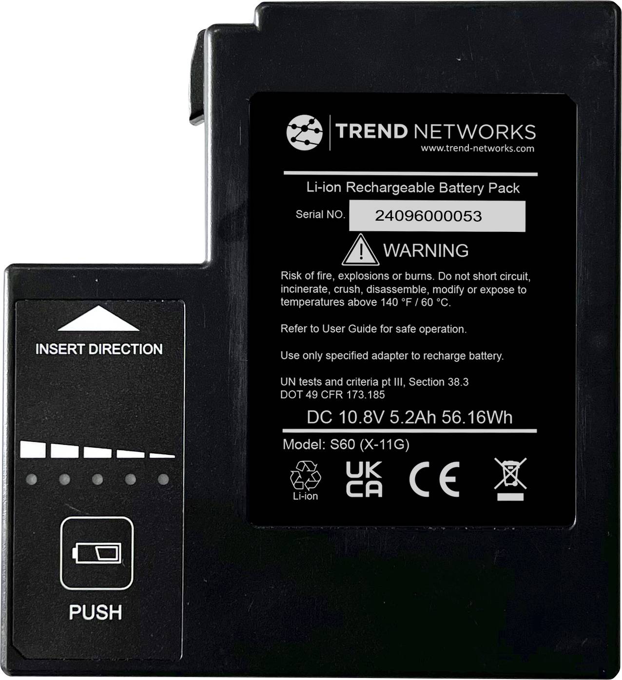 Batterie Li-Ion de 'Trend Networks'. Avertissement de risque d'incendie et d'explosion. Modèle S60, Tension 10,8V, Capacité 5,2Ah, Puissance 56,16Wh.