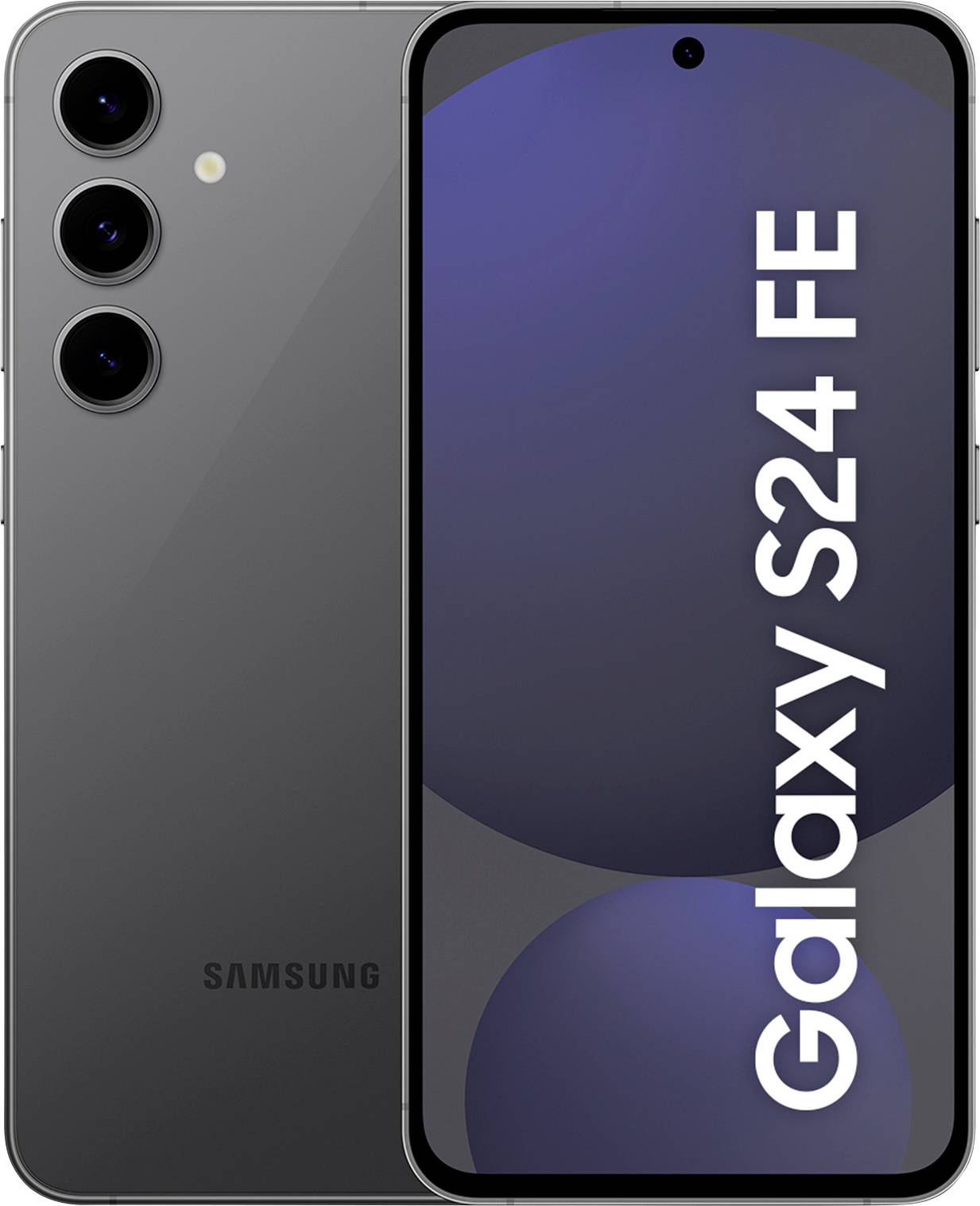L'image présente un smartphone Samsung Galaxy S24 FE avec trois objectifs photo à l'arrière et le texte 'Galaxy S24 FE' affiché sur l'écran.
