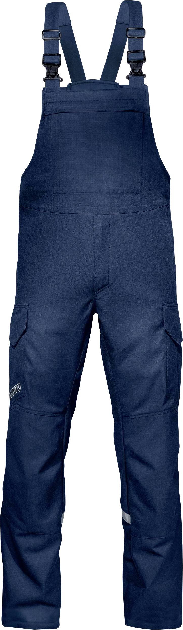 Pantalon de travail bleu foncé à bretelles, avec poches latérales, fabriqué dans un matériau résistant. Adapté aux travaux manuels.