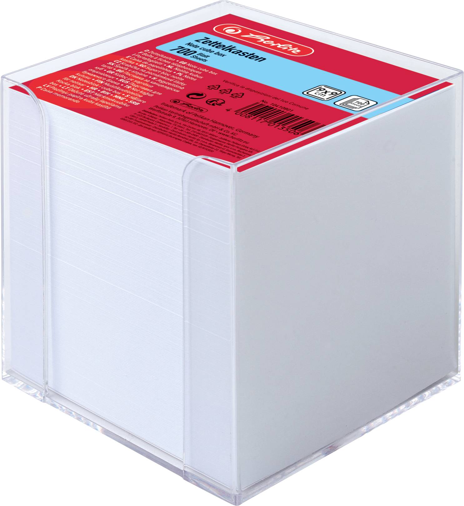 Bloc-notes dans un récipient transparent avec une étiquette rouge. Contient plusieurs feuilles de papier blanc. Nom de marque et détails sur l'étiquette.