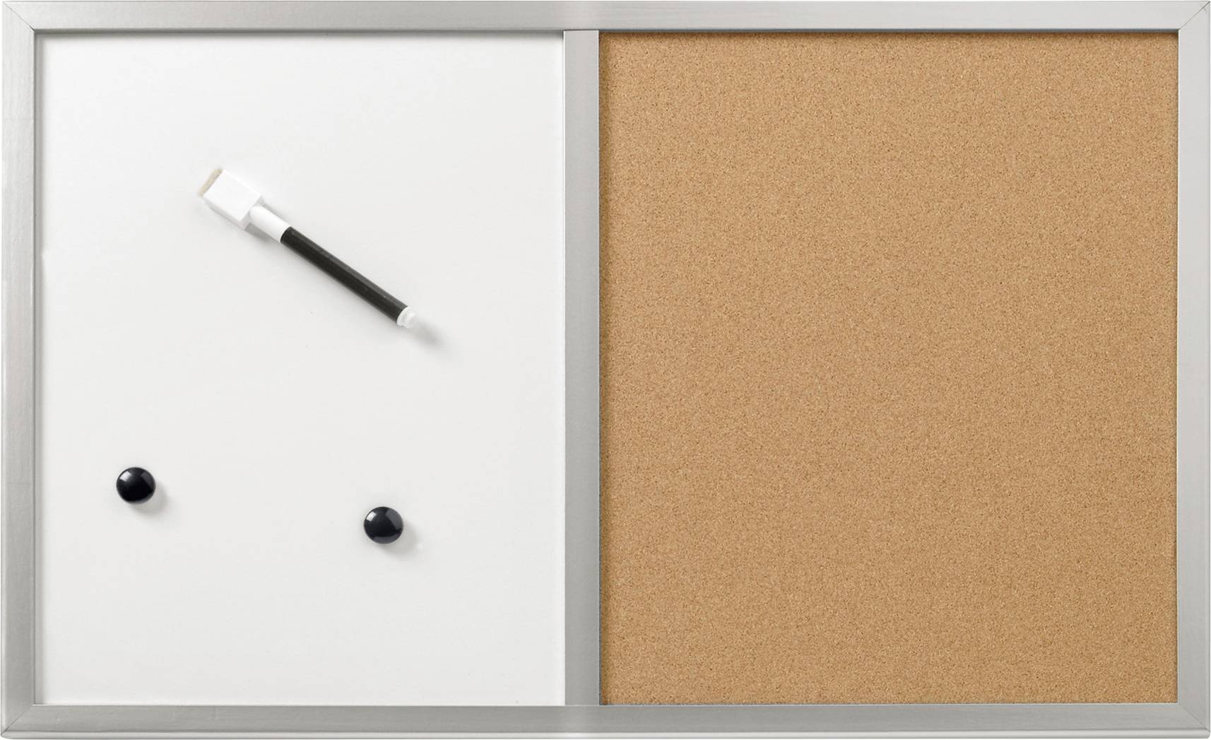 Tableau divisé en deux parties : à gauche, une surface blanche magnétique avec un stylo et des aimants, à droite, un panneau d'affichage en liège.