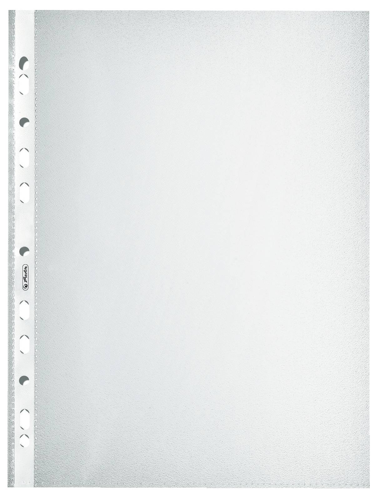 Un classeur transparent en plastique perforé avec sept trous ronds sur le côté gauche, conçu pour la conservation de documents.