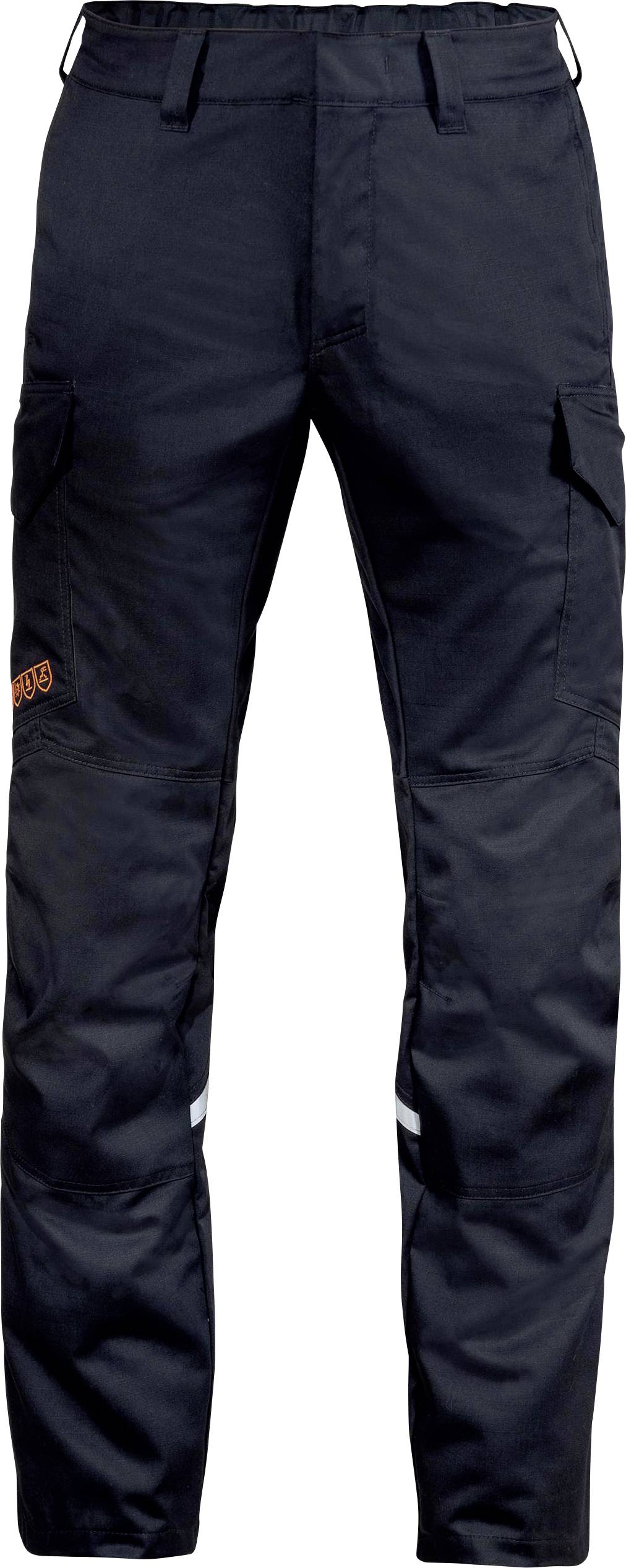 Pantalon de travail cargo noir avec plusieurs poches et bandes réfléchissantes, idéal pour les conditions de travail.