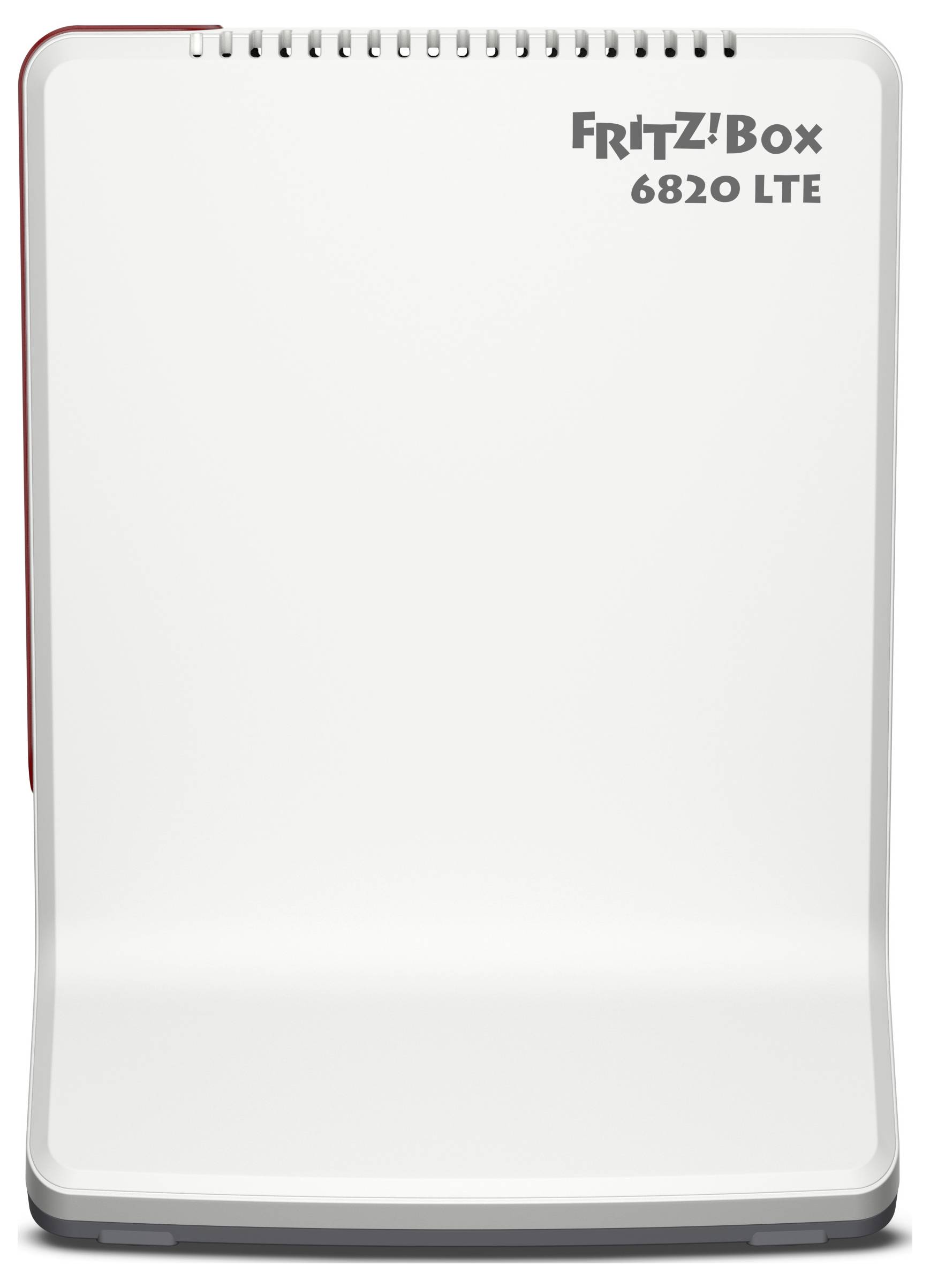 Modem-routeur 'FRITZ!Box 6820 LTE' en blanc, en position verticale. Trou de vis en haut à gauche, nom de marque en haut à droite.