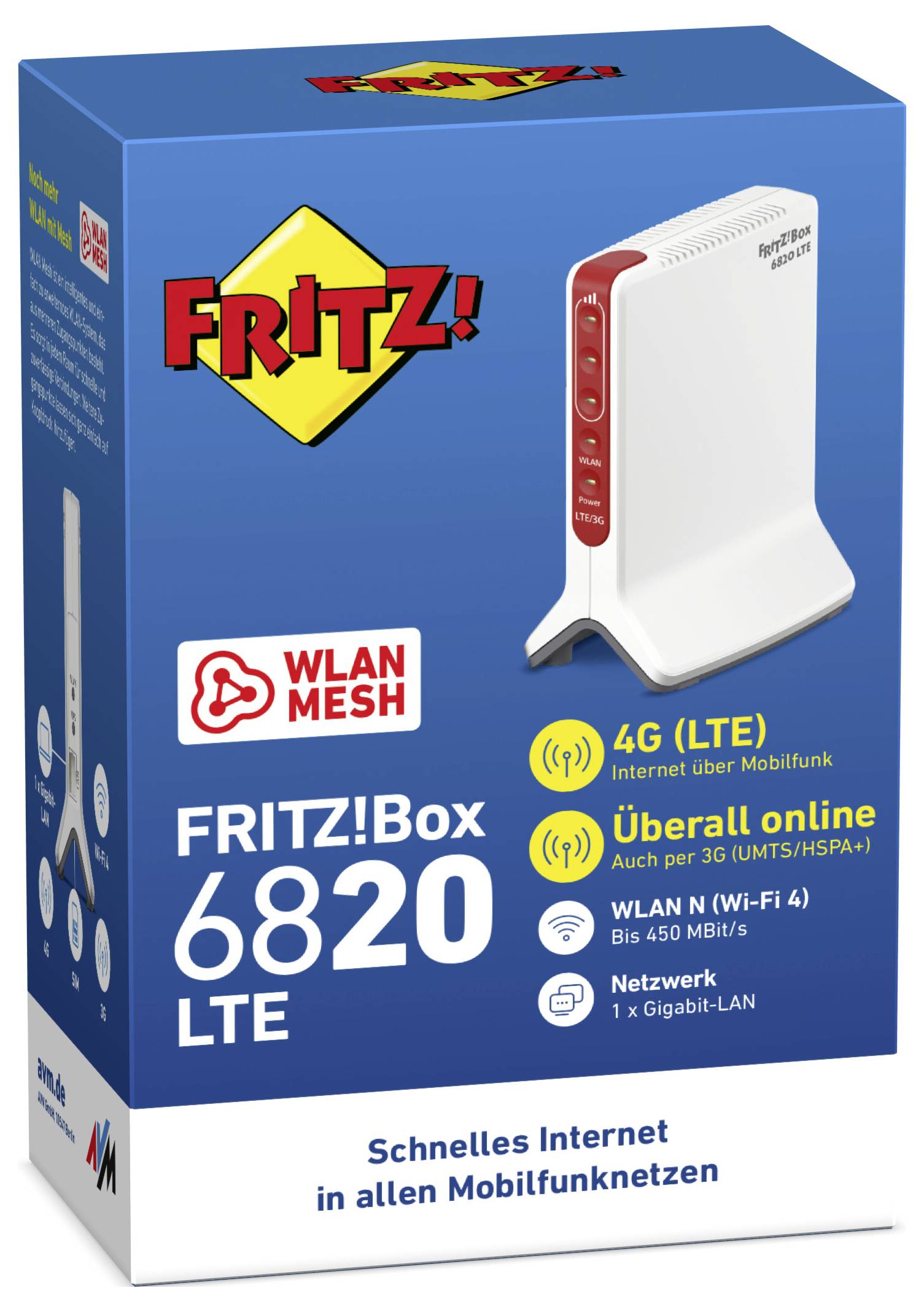 Un emballage de FRITZ!Box 6820 LTE offrant un internet rapide via les réseaux 4G-LTE, du Wi-Fi-N jusqu'à 450 Mbit/s, et un LAN Gigabit.