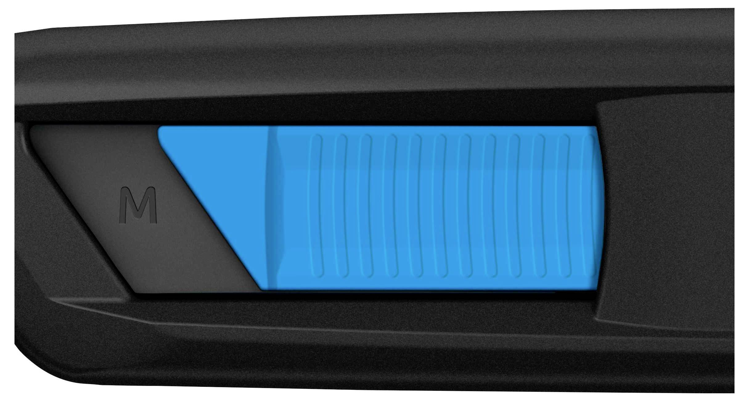 Un curseur sur un appareil noir, mis en évidence en bleu, avec un 'M' à gauche.