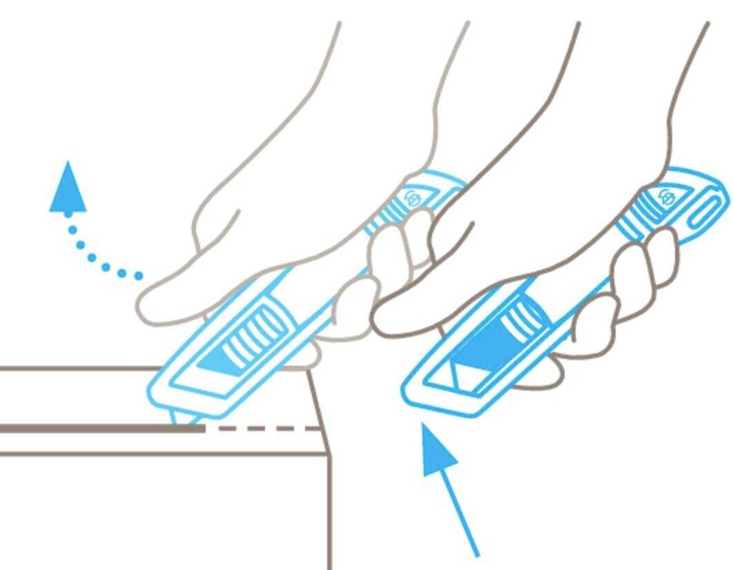 Une illustration montre comment ouvrir un carton à l'aide d'un couteau utilitaire. Deux mains tiennent le couteau à différents endroits.