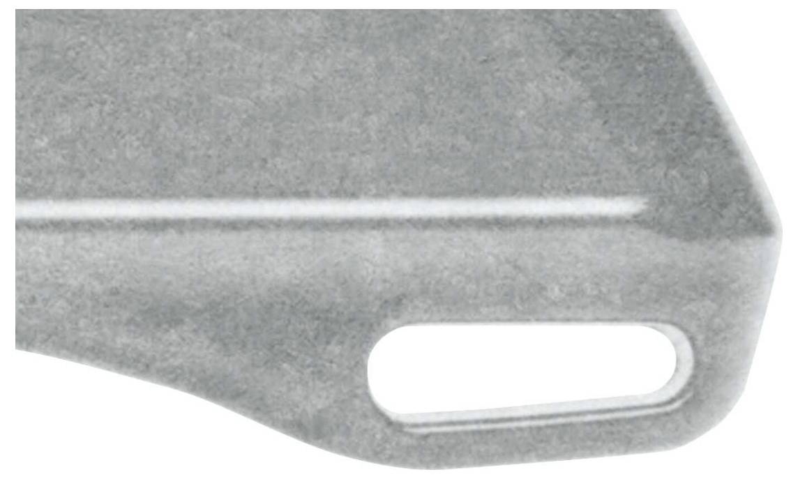 Objet rectangulaire métallique aux coins arrondis avec un trou ovale, probablement partie intégrante d'un mécanisme ou d'une structure plus important(e).