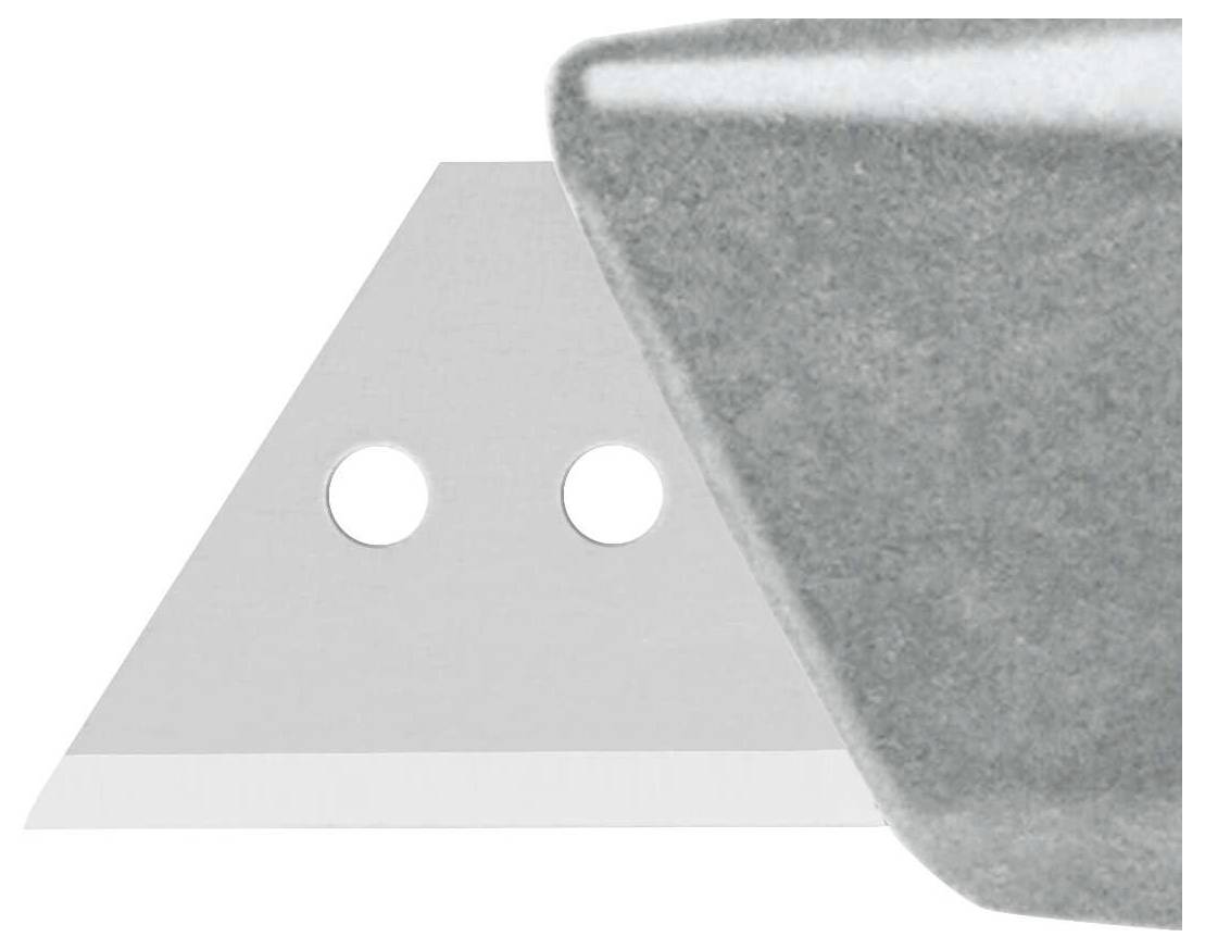 Lame triangulaire avec deux trous et un tranchant acéré, partiellement masquée par un coin gris à l'avant-plan.