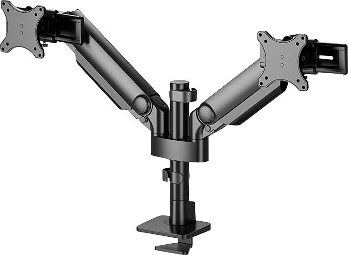 Support de moniteur double avec des bras ajustables qui maintiennent deux écrans côte à côte et peuvent être positionnés à différents angles.
