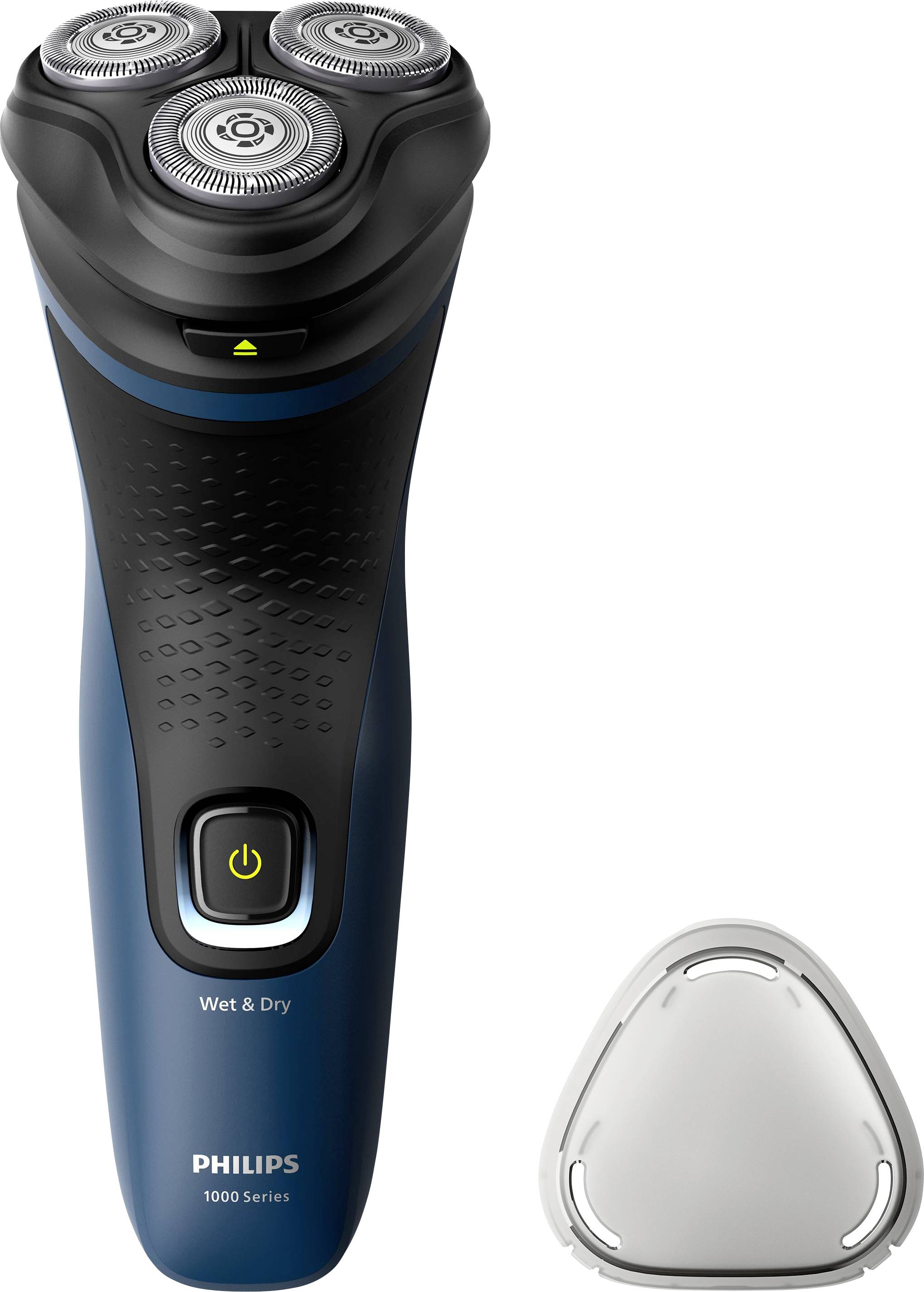 Rasoir électrique avec trois lames rotatives, bleu et noir, de la marque Philips. À côté de l'appareil se trouve un capuchon de protection amovible pour la tête de rasage.