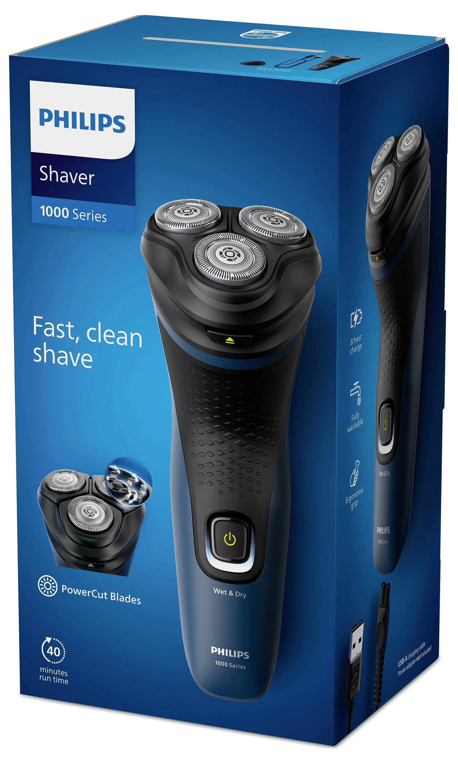 Emballage de la Philips Shaver Série 1000 avec image du rasoir électrique. Texte : 'Rasage rapide et précis', 'Lames PowerCut', 'Wet & Dry'.