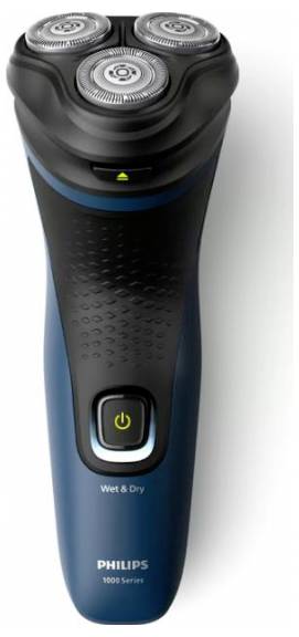 Rasoir électrique avec trois têtes de coupe rotatives, boîtier noir et bleu. Nom de marque 'Philips' sur le manche.