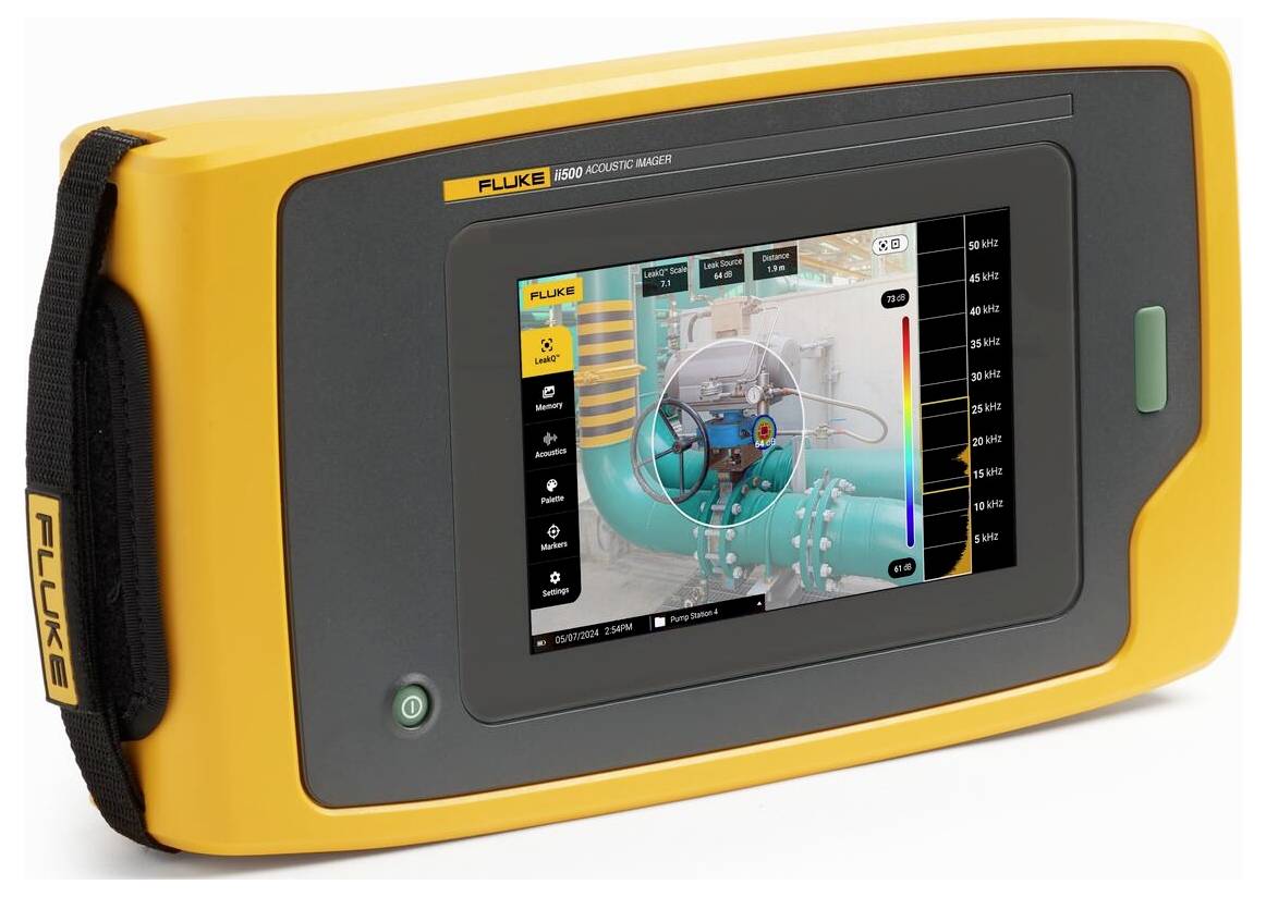 Un appareil portable jaune doté d'un écran tactile affiche une image d'un dispositif pour l'analyse acoustique et la vérification technique.