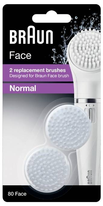 Brosses de rechange pour brosse faciale Braun, lot de 2, type normal. L'emballage présente la brosse faciale et les têtes de rechange.