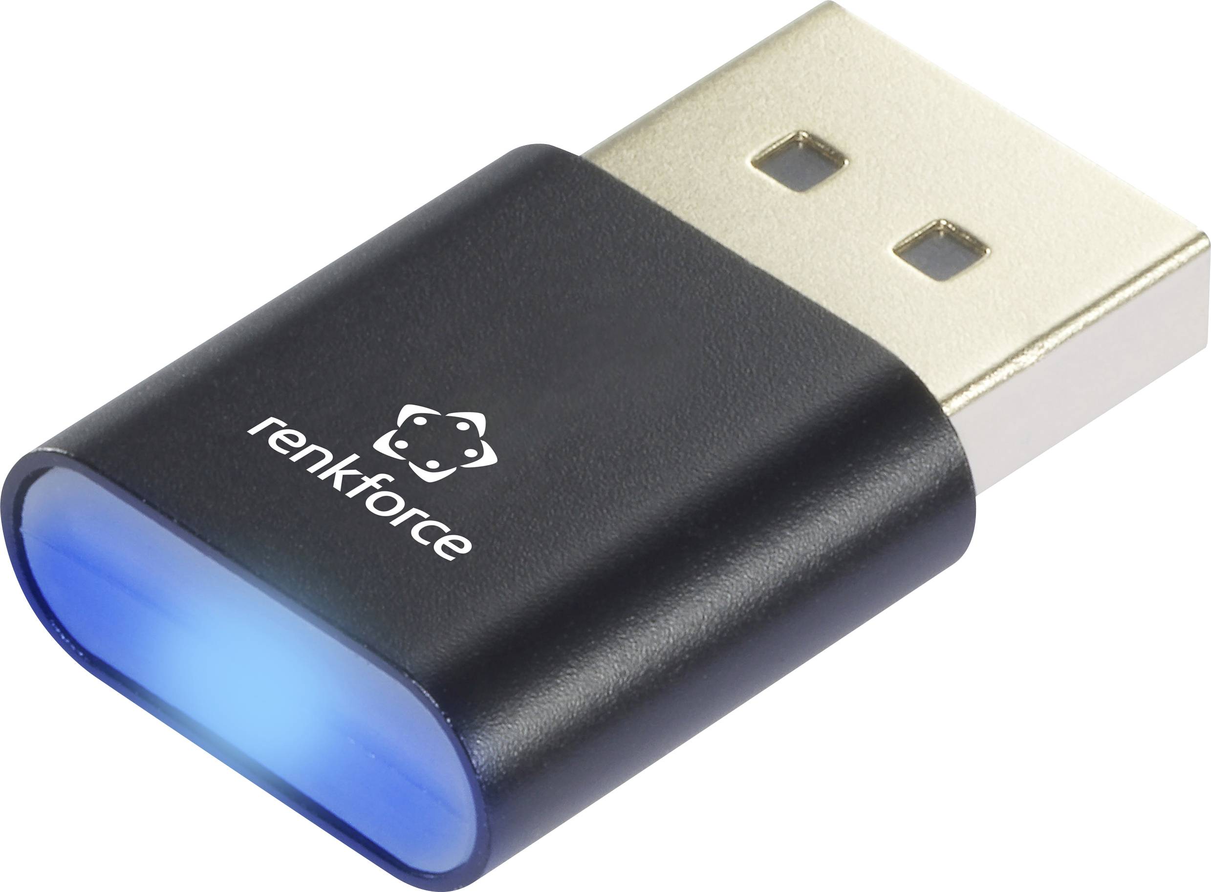 Adaptateur USB avec boîtier noir et indicateur LED bleu. La marque 'renkforce' est imprimée.