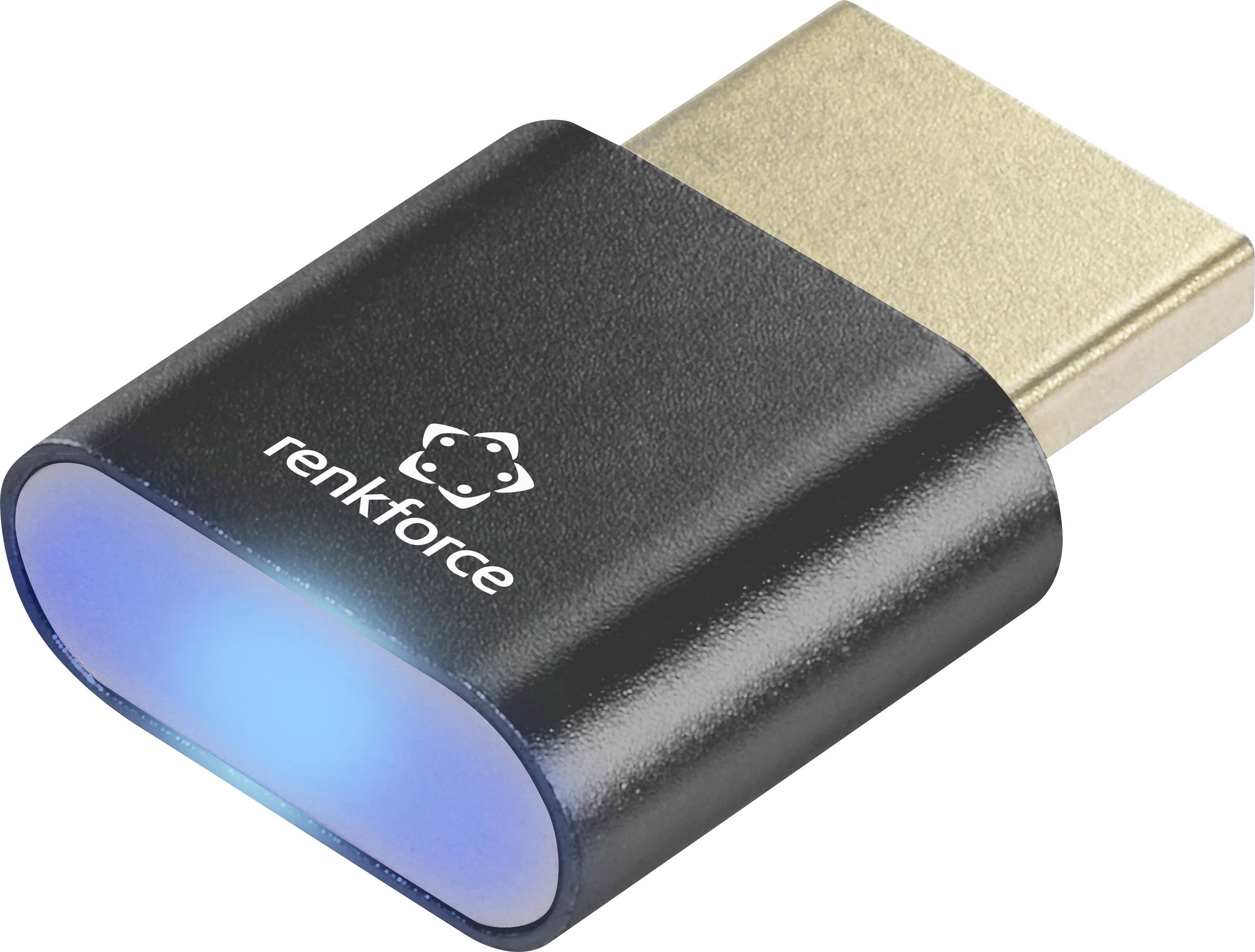 Adaptateur USB-C Renkforce avec boîtier noir et extrémité bleu lumineux.