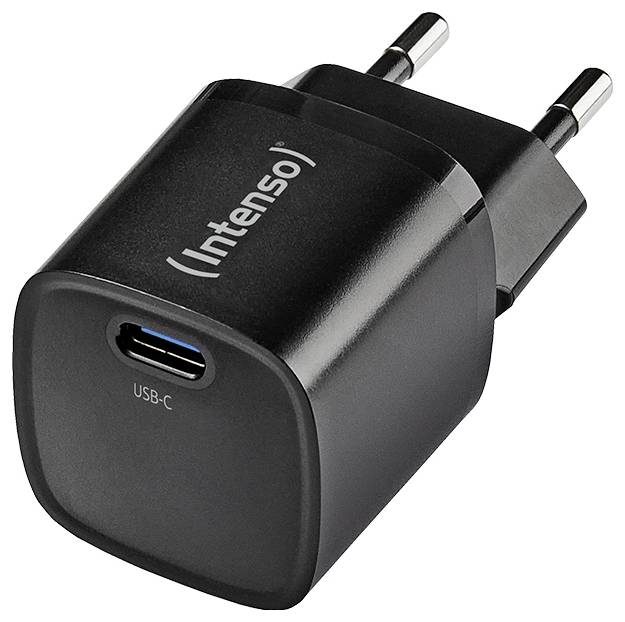 Chargeur USB-C noir portant l'inscription 'Intenso'. Type de prise européen, compact et portable pour appareils électroniques.