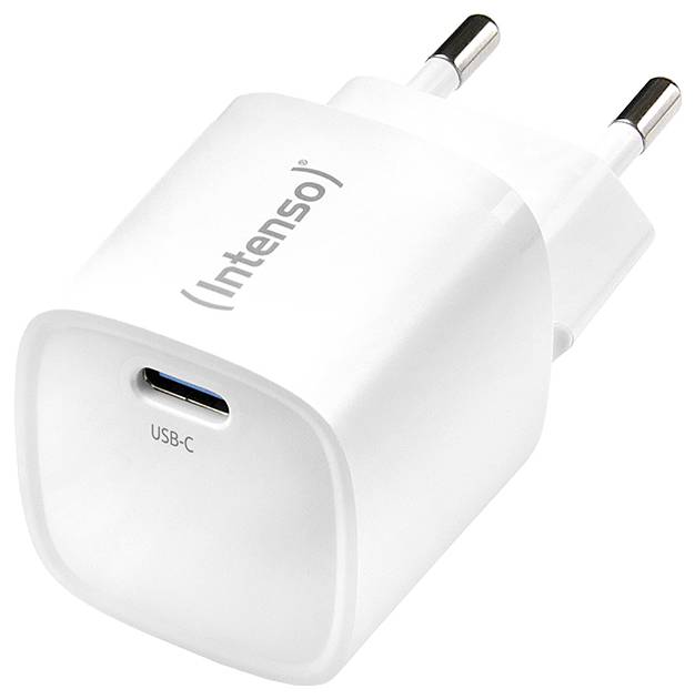 Chargeur USB-C blanc d'Intenso avec deux broches secteur.