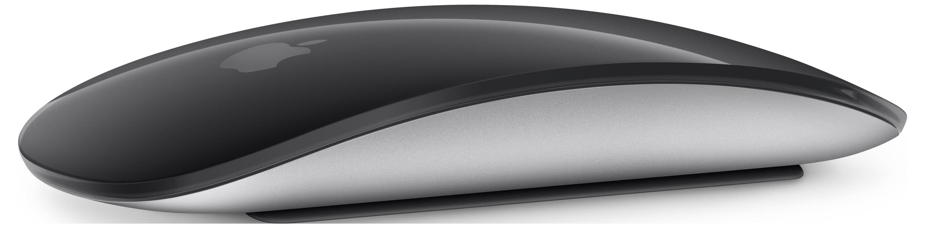 Souris d'ordinateur noire, au design aérodynamique, avec base argentée, sans fil, adaptée aux travaux précis et à la navigation.