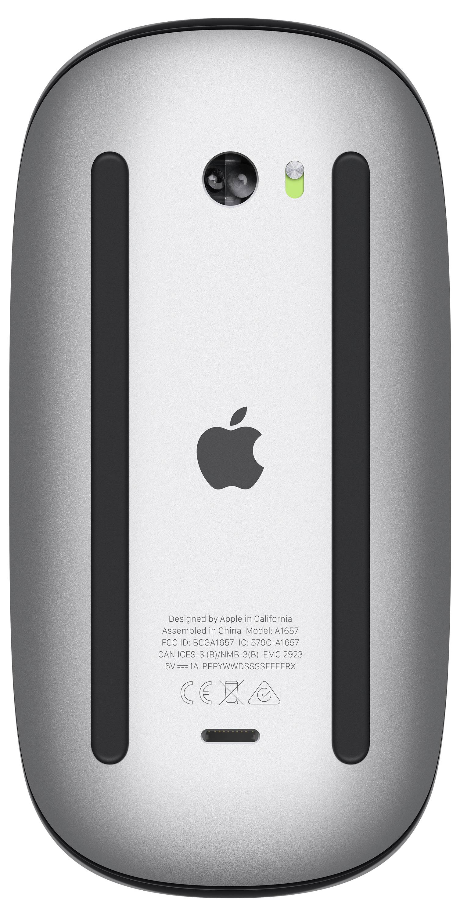 Dos d'une souris d'ordinateur argentée avec un logo Apple noir et deux bandes noires sur les côtés.