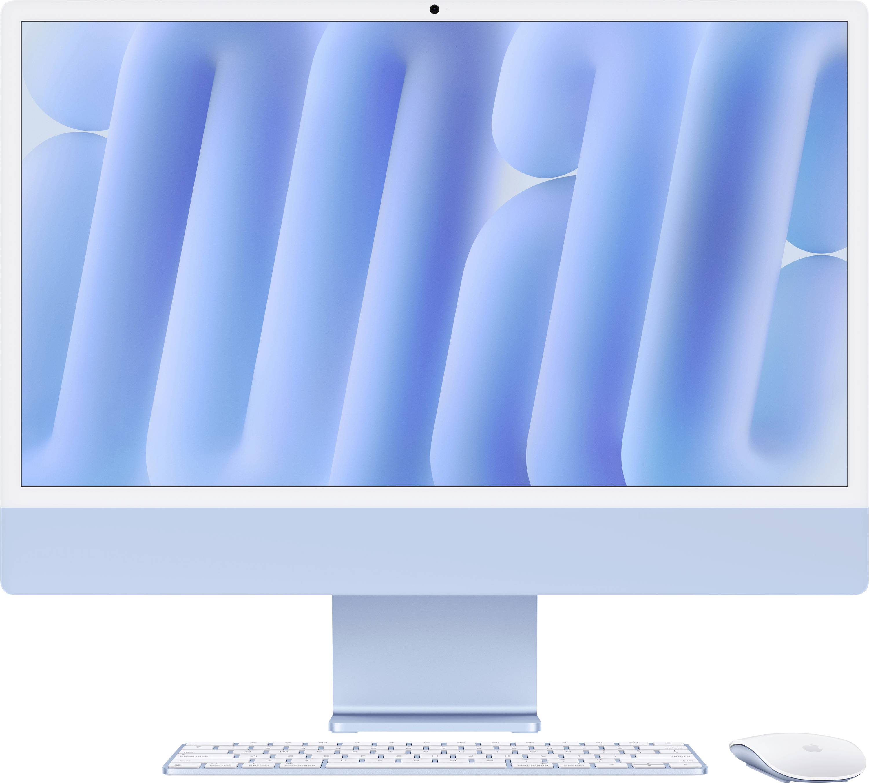 Un ordinateur bleu avec un clavier et une souris, affichant un motif abstrait sur l'écran.