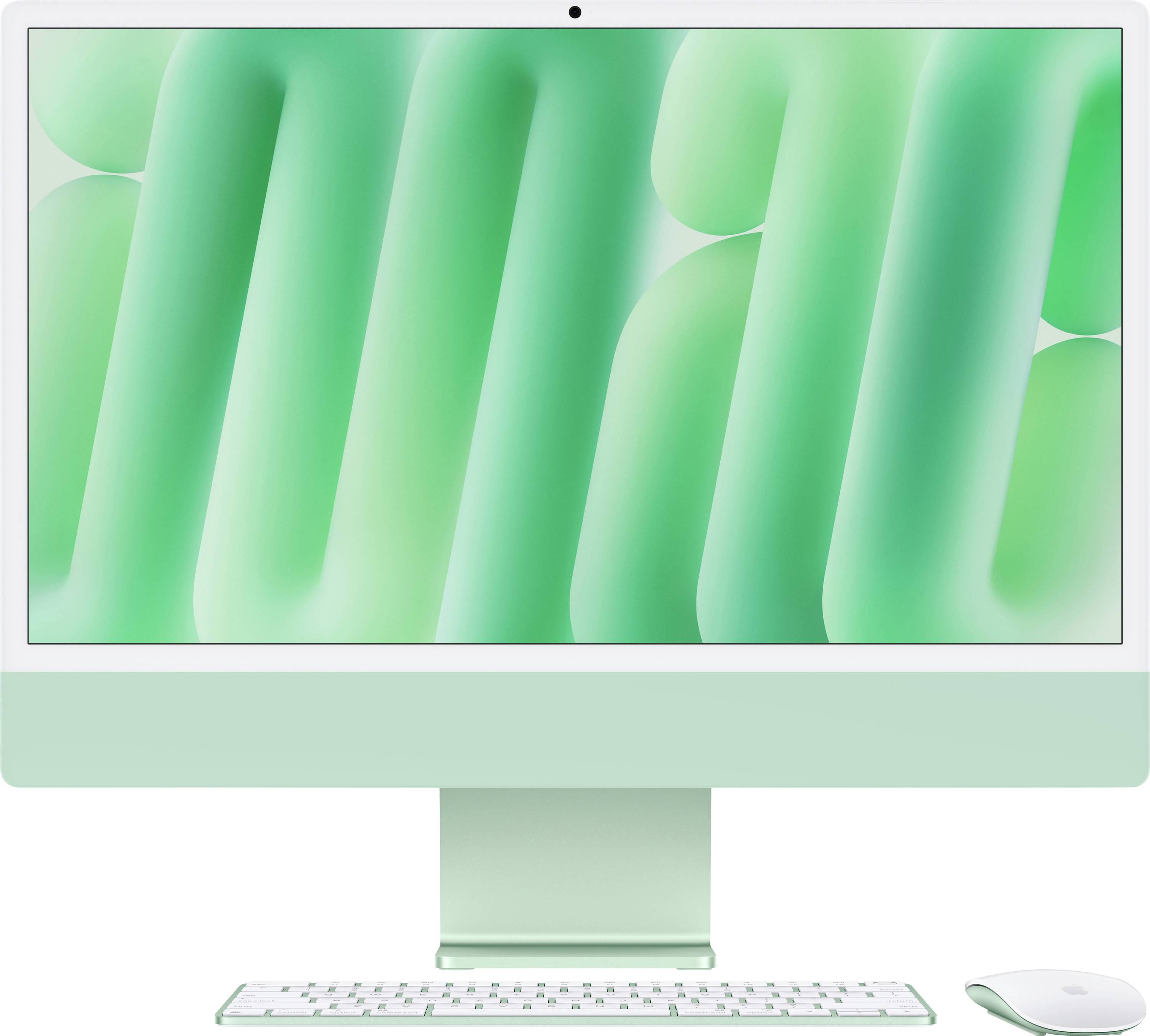 Un ordinateur de bureau vert avec un clavier et une souris, dont l'écran affiche un fond abstrait vert.