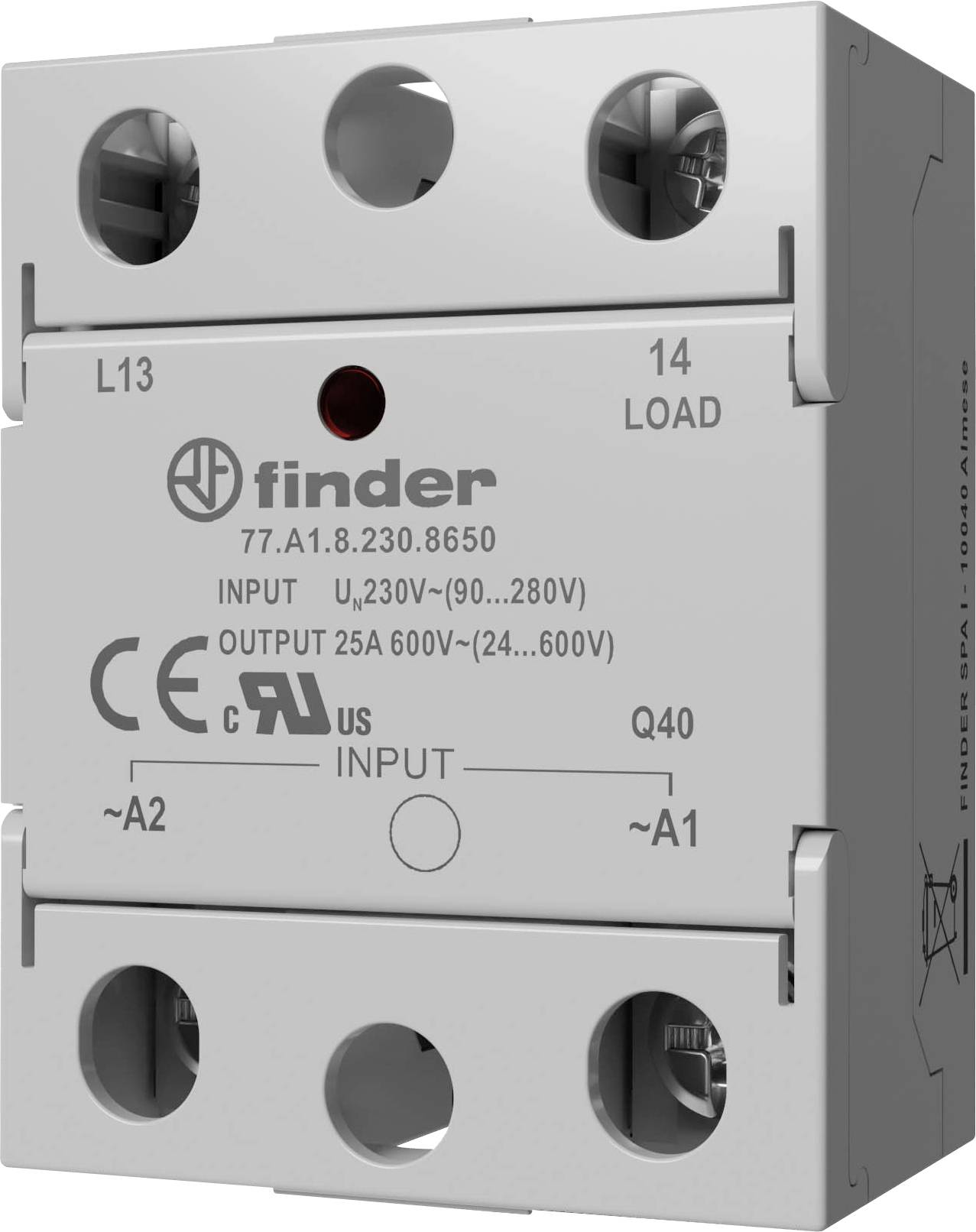 Relais Finder avec bornes L13 et 14 Charge, tension d'entrée et de sortie, certification CE et UL. Numéro de modèle 77.01.