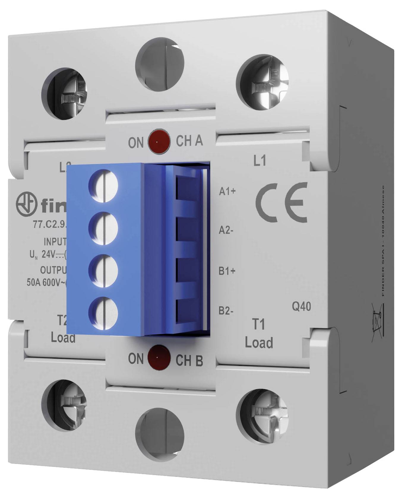Un relais électronique de Finder, modèle 77.C2.9.024.6000, avec bornier bleu, pour le contrôle de charges électriques.