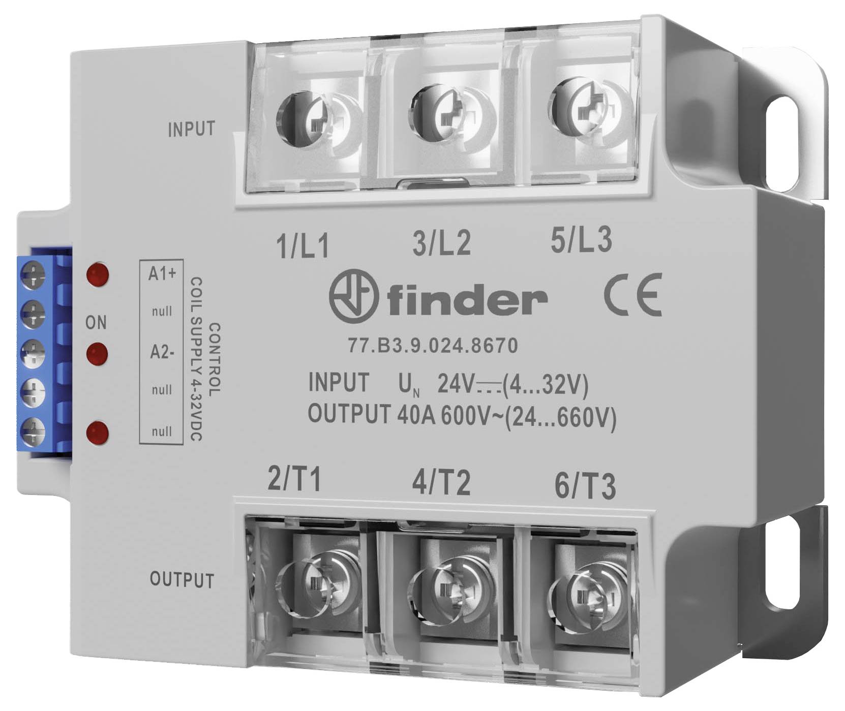 Appareil électronique avec plusieurs bornes de connexion, étiquettes pour les courants d'entrée et de sortie, modèle 'Finder 77.B3.9'.