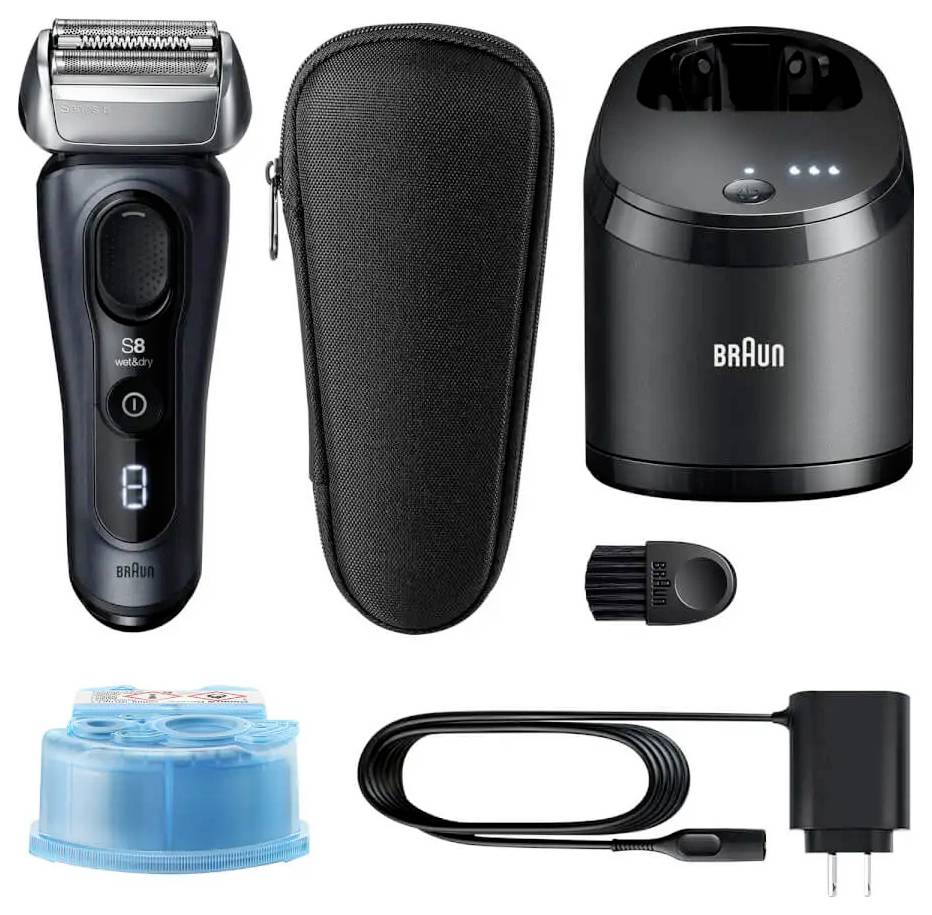 Coffret rasoir électrique avec station de charge, brosse de nettoyage, pochette de transport, boîte de recharge de nettoyage et câble de chargement. Marque : Braun.